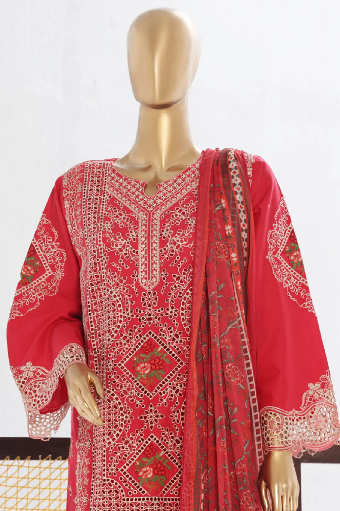 Bin Saeed Stitched 3 Piece Luxury Plain Cotton Vol-02 Collection-LF-1610-Red - Image 2