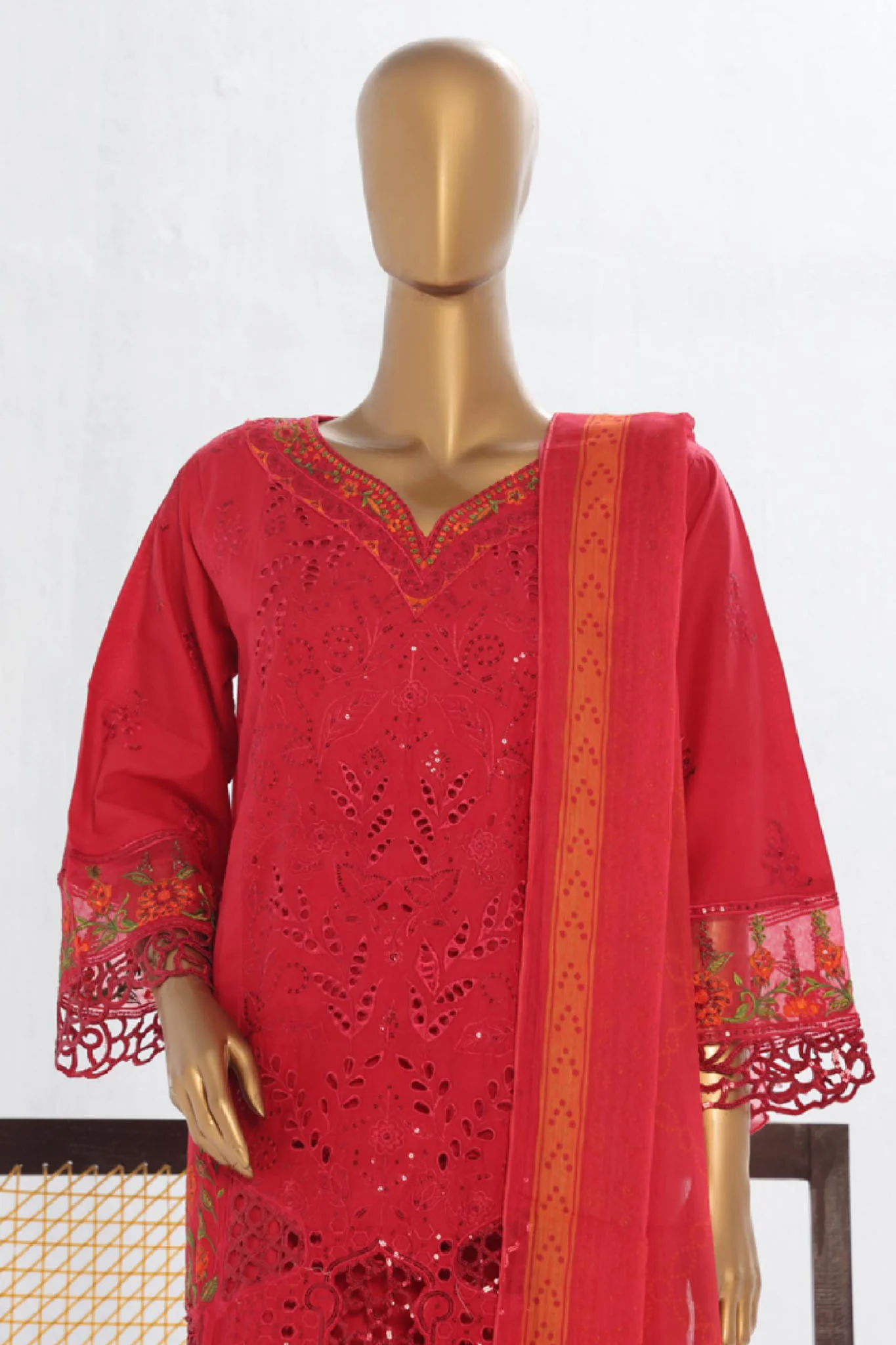 Bin Saeed Stitched 3 Piece Luxury Plain Cotton Vol-02 Collection-LF-1611-Red - Image 2