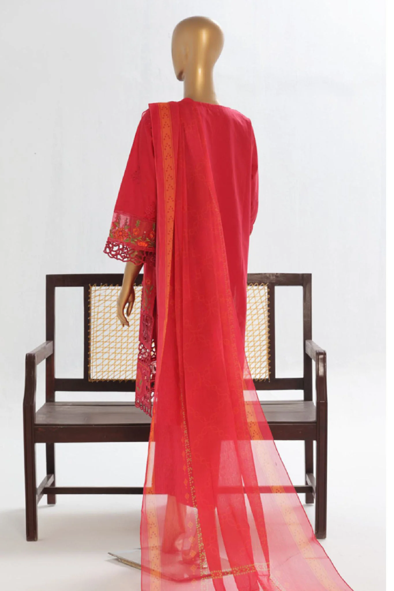 Bin Saeed Stitched 3 Piece Luxury Plain Cotton Vol-02 Collection-LF-1611-Red - Image 3