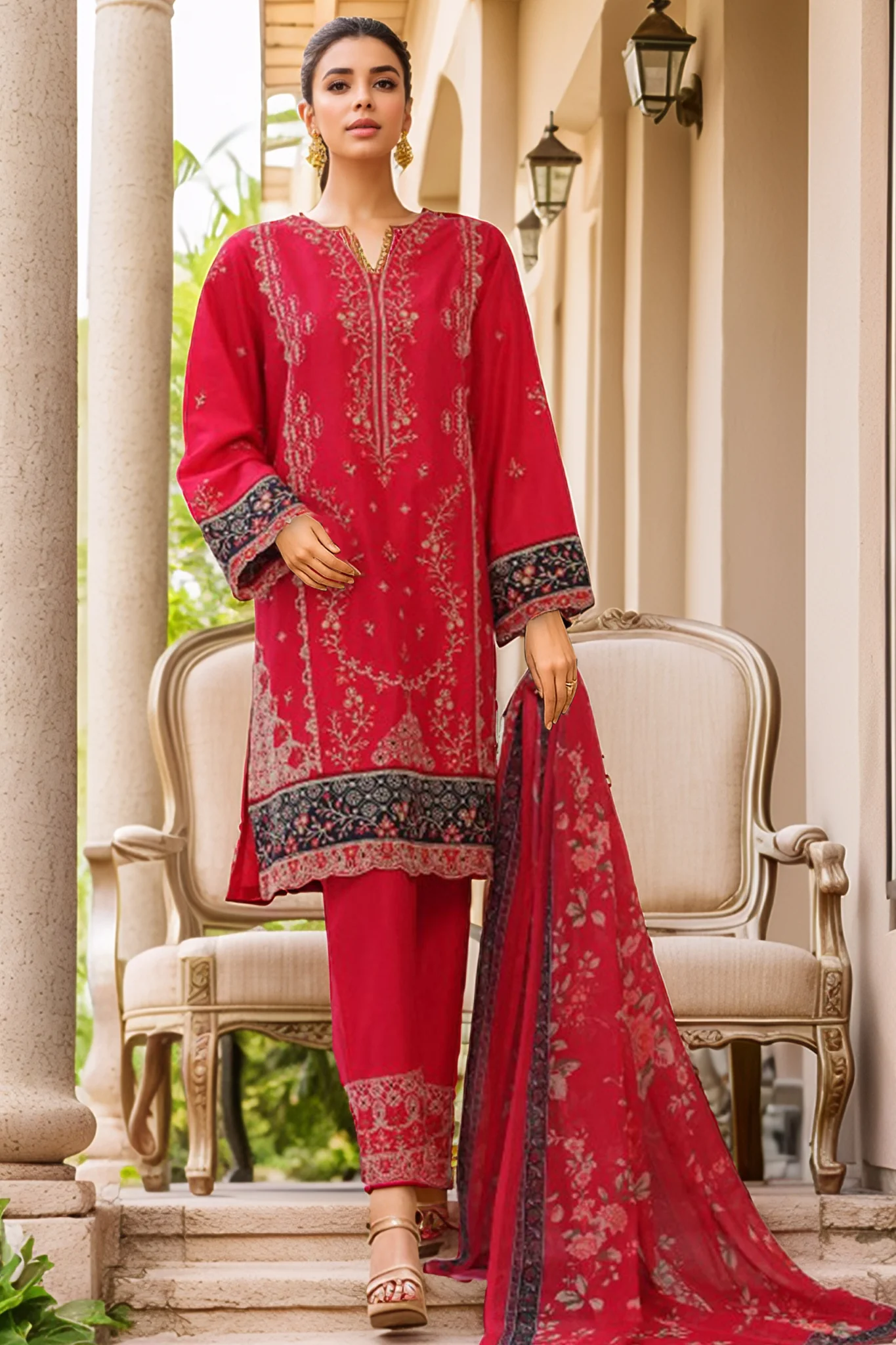 Bin Saeed Stitched 3 Piece Luxury Plain Cotton With Chiffon Dupatta Suit-SMPC-1826-Red