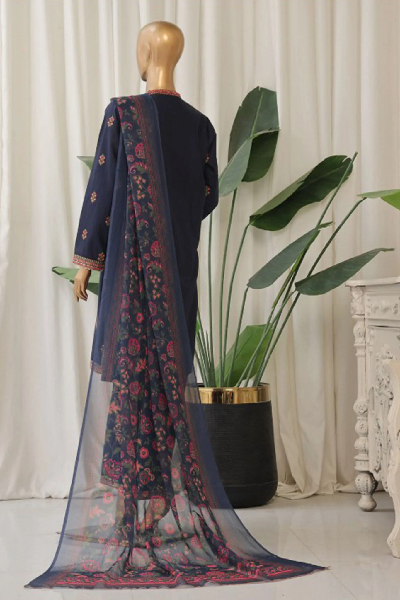 Bin Saeed Stitched 3 Piece Luxury Plain Cotton With Chiffon Dupatta Suit-SMPC-1828-Navy Blue - Image 3