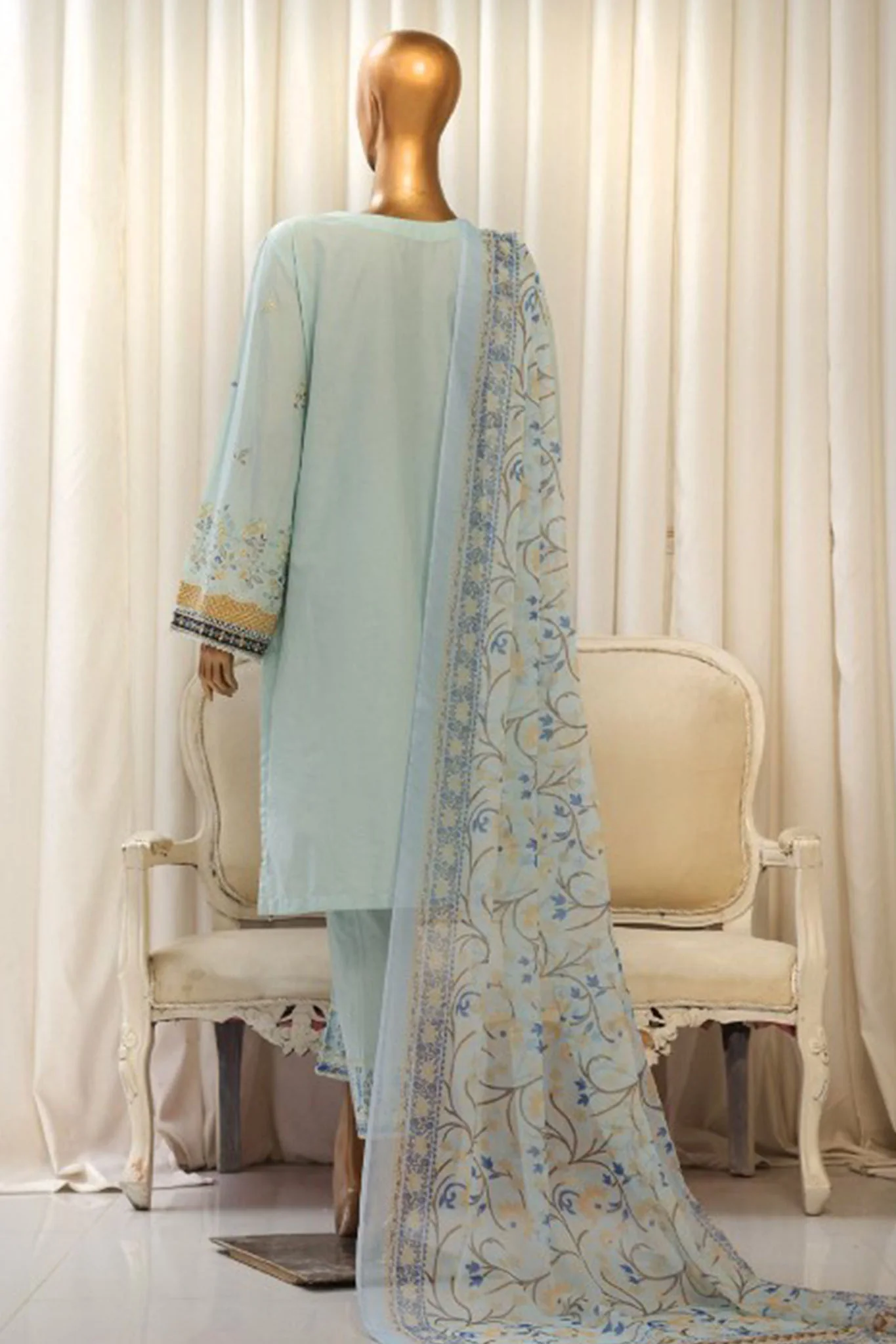 Bin Saeed Stitched 3 Piece Luxury Plain Cotton With Chiffon Dupatta Suit-SMPC-1868-Ferozi - Image 3