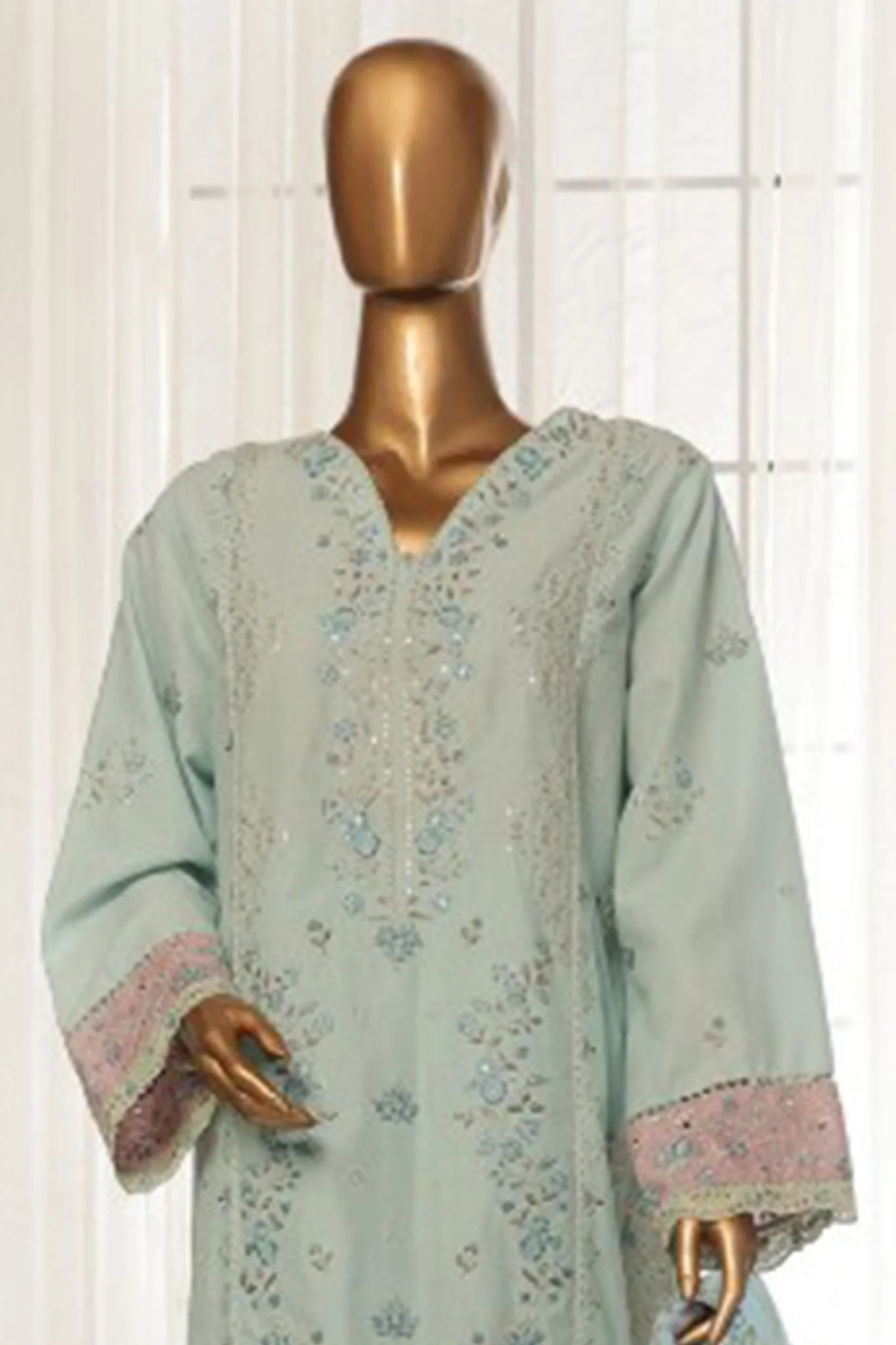 Bin Saeed Stitched 3 Piece Luxury Plain Cotton With Chiffon Dupatta Suit-SMPC-1869-Ferozi - Image 2