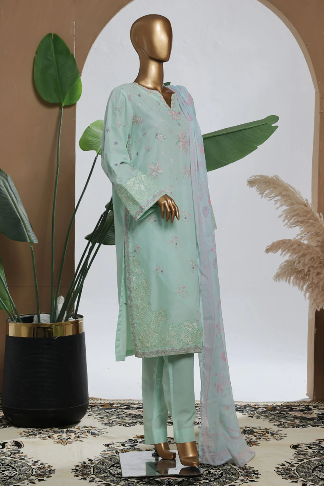 Bin Saeed Stitched 3 Piece Luxury Plain Cotton With Chiffon Dupatta Suit-SMPC-2067-Mint - Image 3