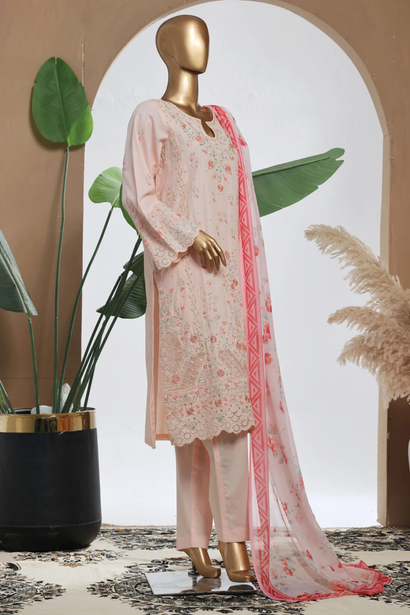 Bin Saeed Stitched 3 Piece Luxury Plain Cotton With Chiffon Dupatta Suit-SMPC-2068-Pink - Image 3