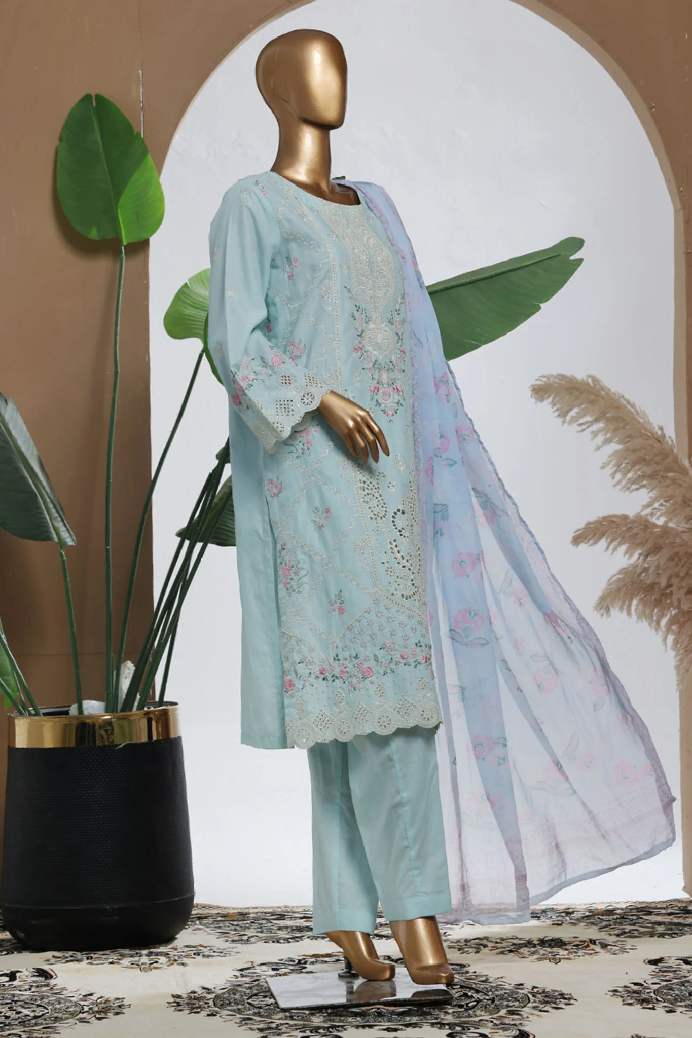 Bin Saeed Stitched 3 Piece Luxury Plain Cotton With Chiffon Dupatta Suit-SMPC-2069-Sky Blue - Image 3