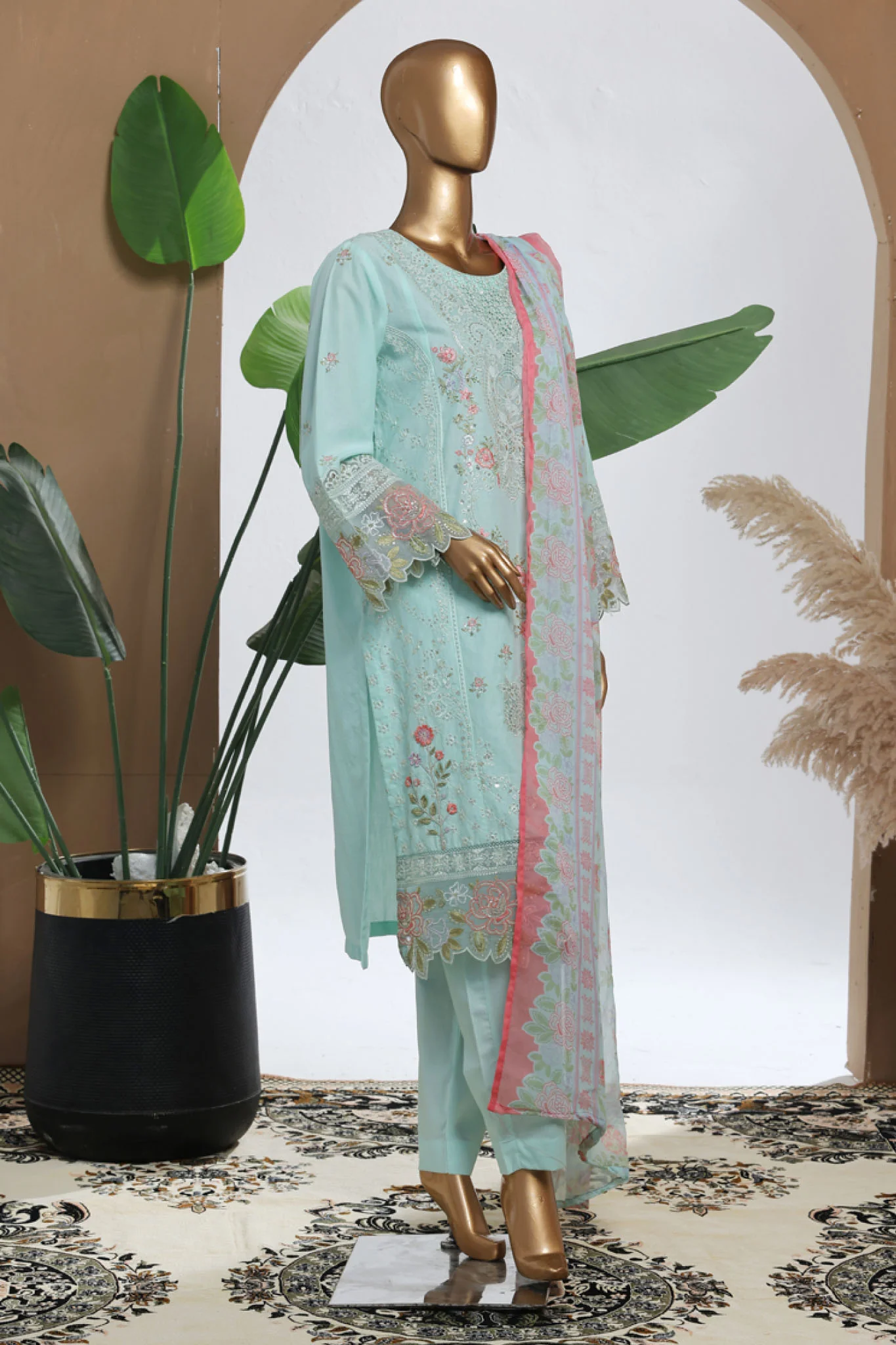 Bin Saeed Stitched 3 Piece Luxury Plain Cotton With Chiffon Dupatta Suit-SMPC-2070-Sky Blue - Image 3