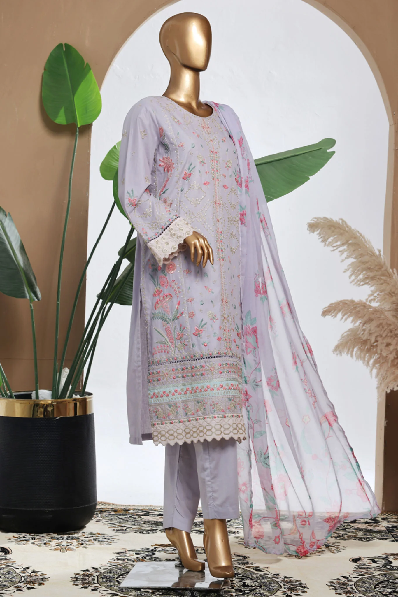 Bin Saeed Stitched 3 Piece Luxury Plain Cotton With Chiffon Dupatta Suit-SMPC-2071-Lilac - Image 3