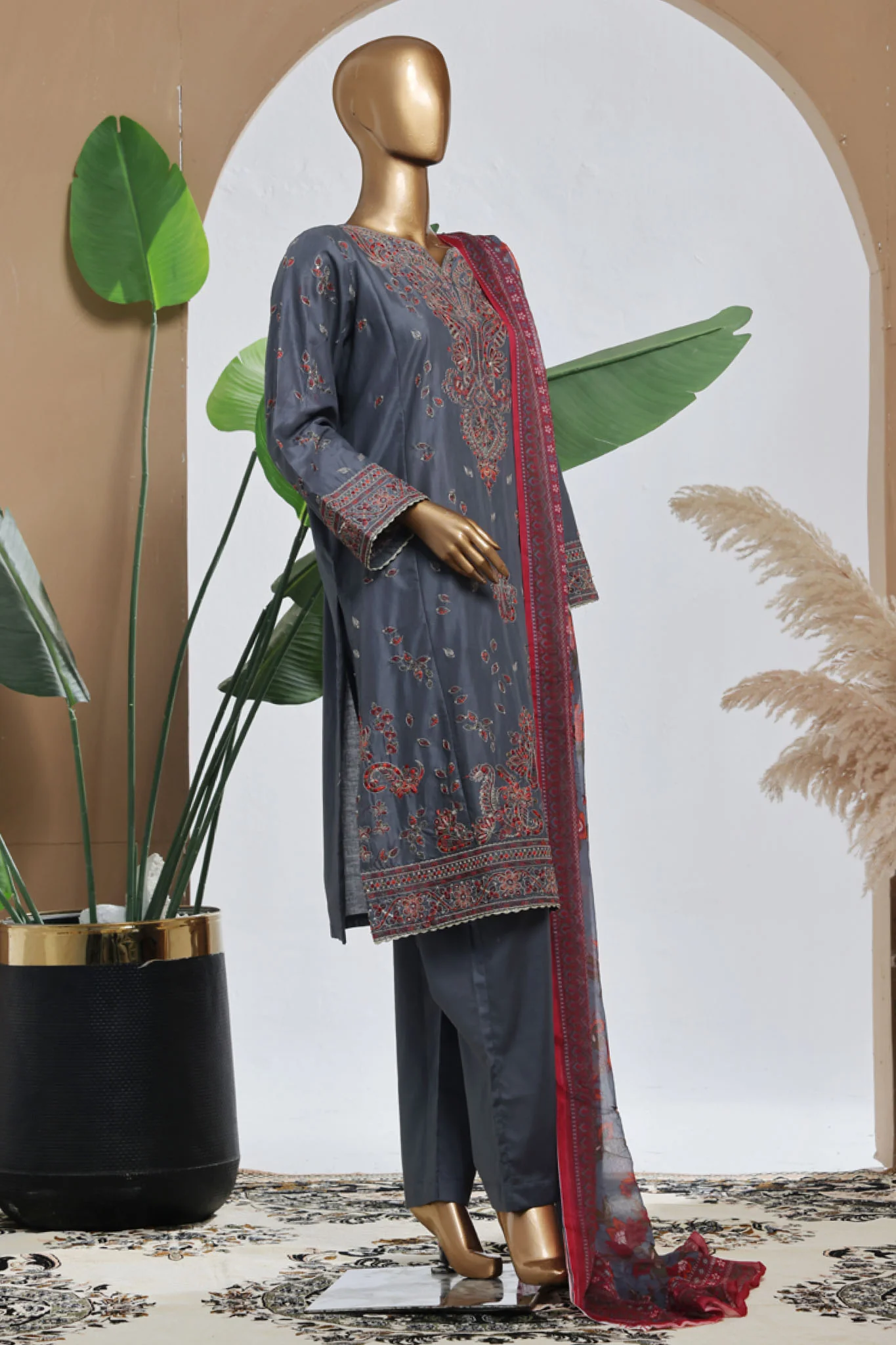 Bin Saeed Stitched 3 Piece Luxury Plain Cotton With Chiffon Dupatta Suit-SMPC-2076-Grey - Image 3