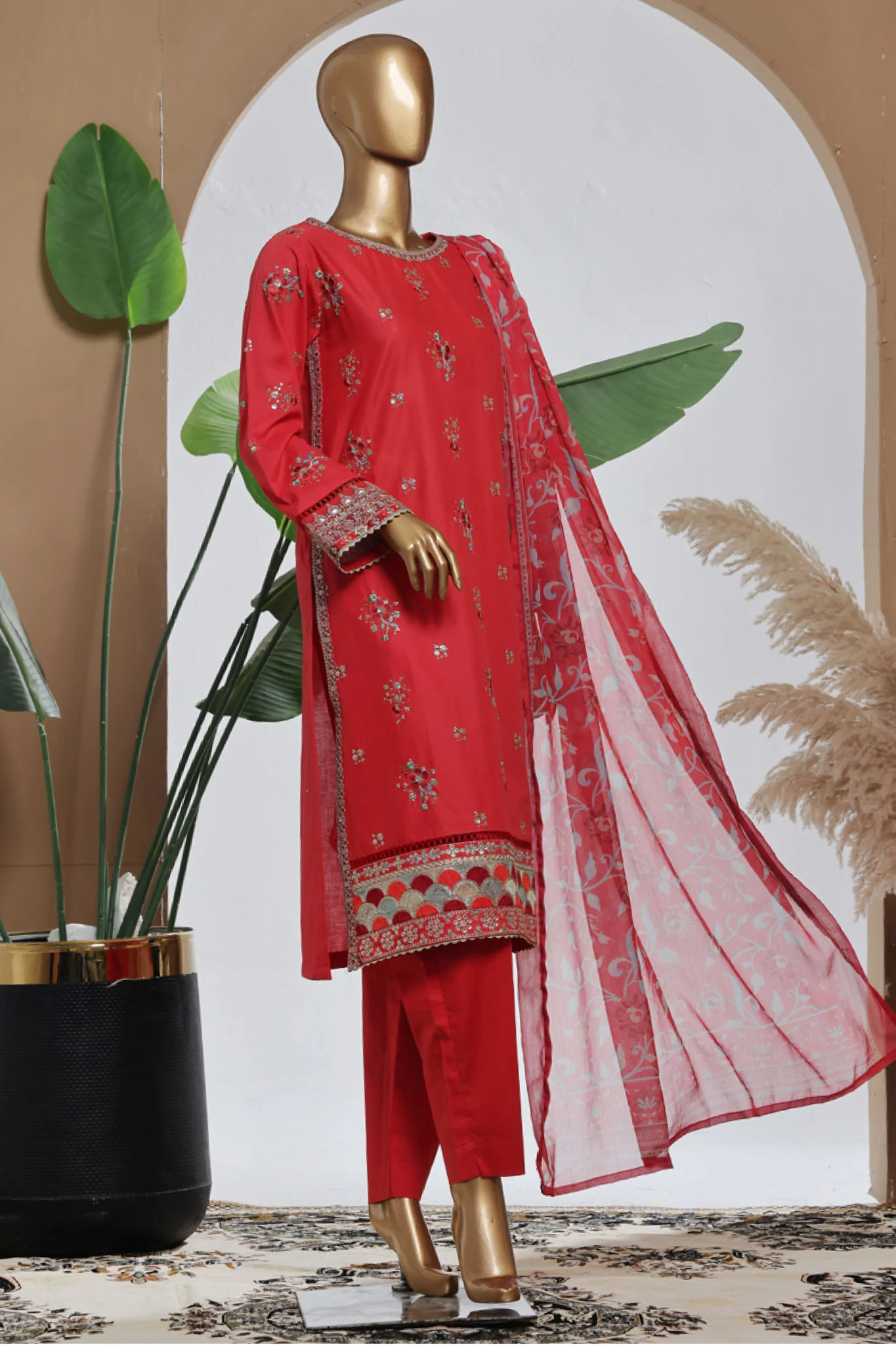Bin Saeed Stitched 3 Piece Luxury Plain Cotton With Chiffon Dupatta Suit-SMPC-2077-Red - Image 3