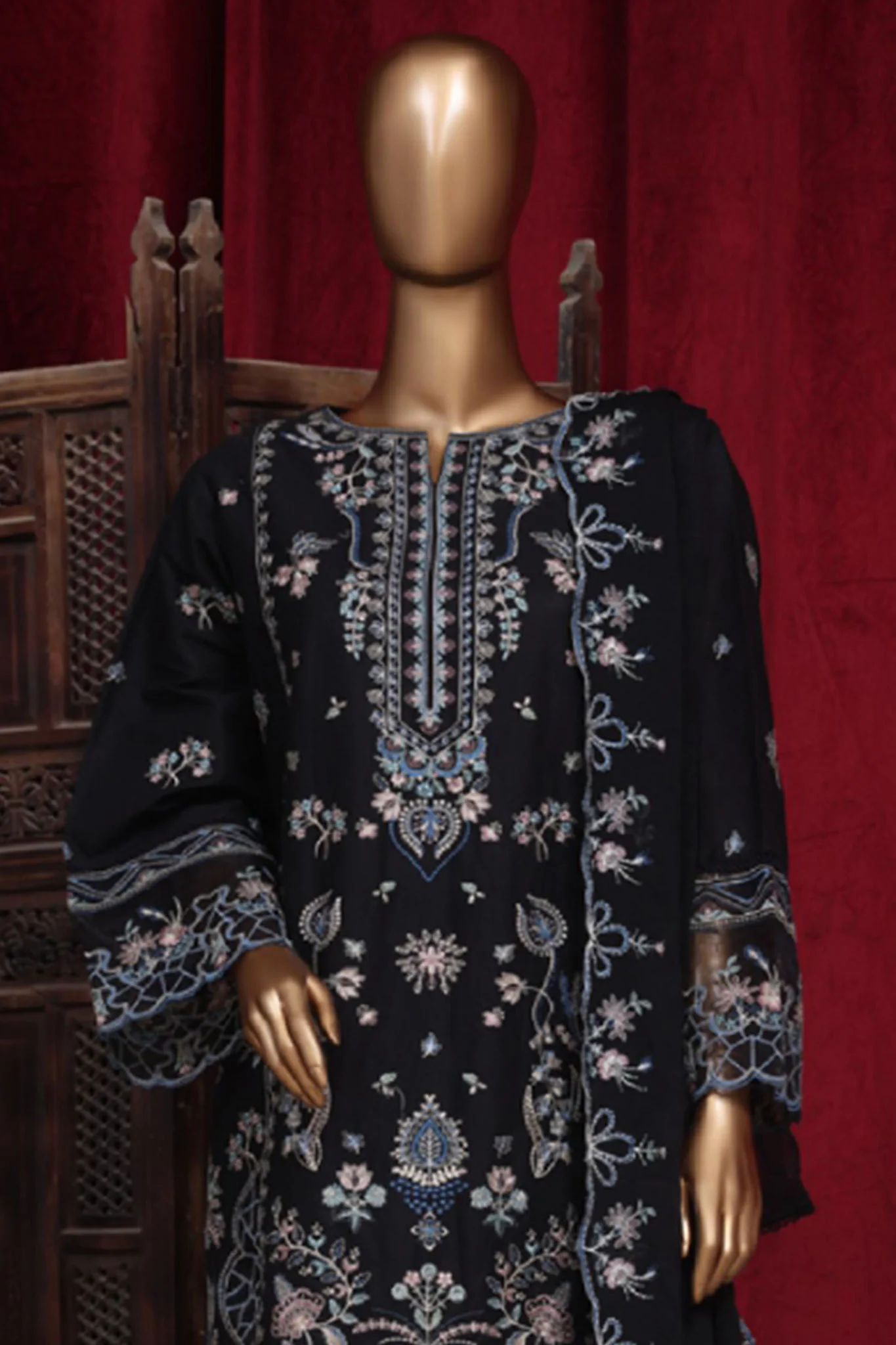 Bin Saeed Stitched 3 Piece Luxury Plain Emb Cotton Vol-03 Collection-LF-1796-Black - Image 3