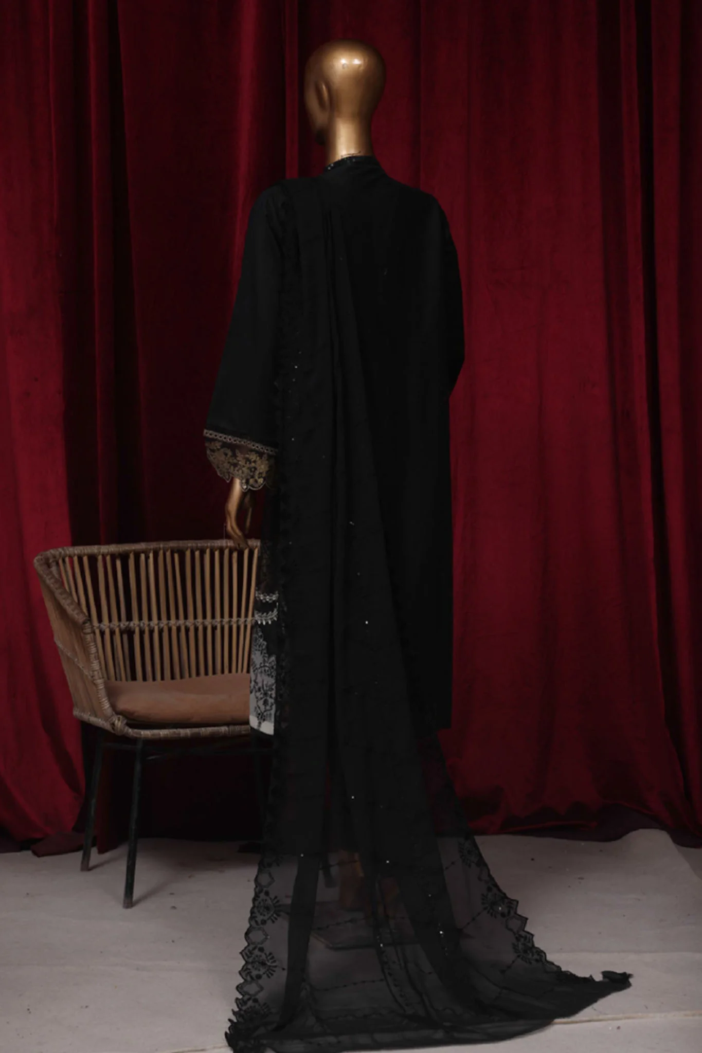 Bin Saeed Stitched 3 Piece Luxury Plain Emb Cotton Vol-03 Collection-LF-1797-Black - Image 3