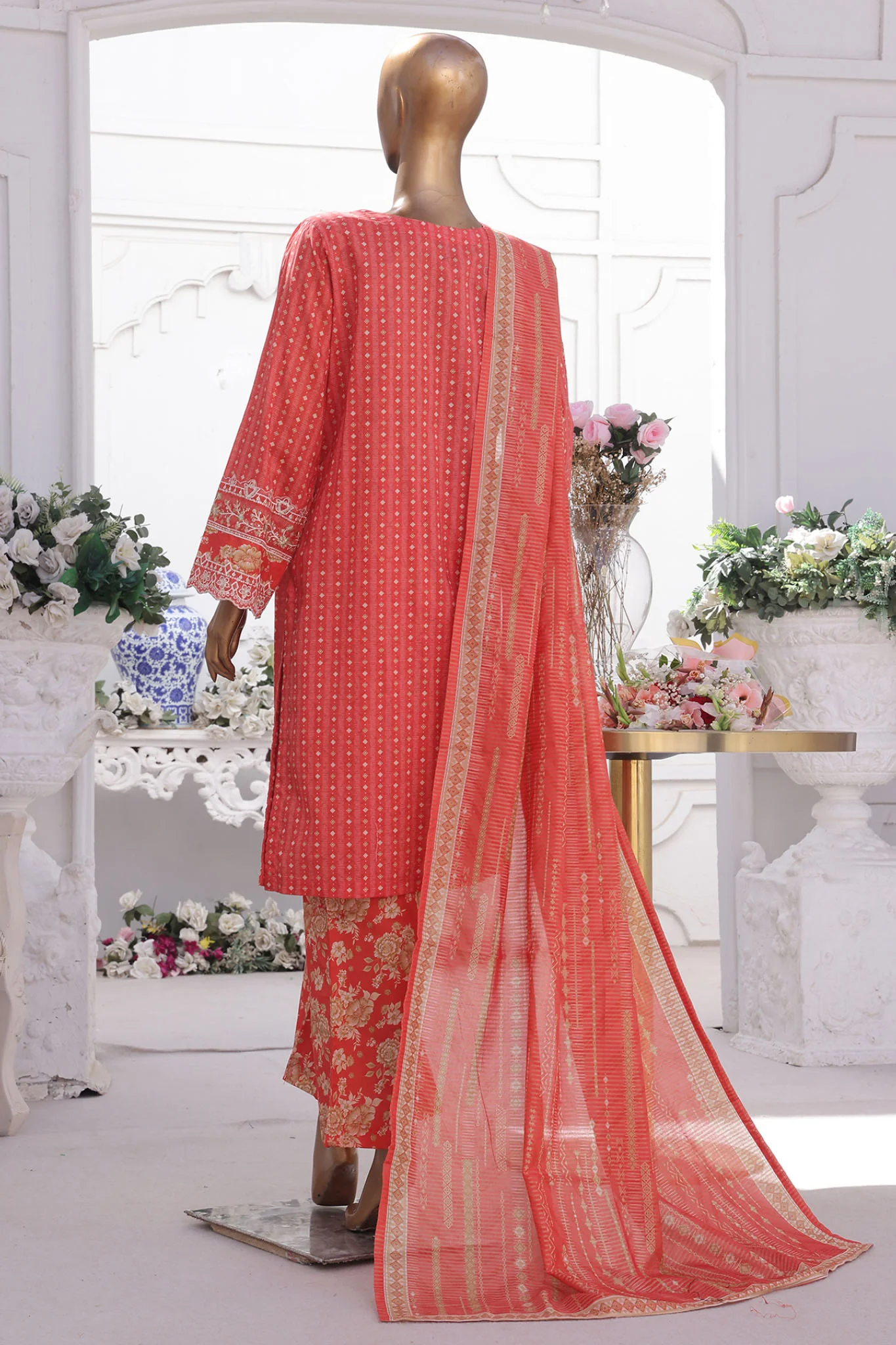 Bin Saeed Stitched 3 Piece Luxury Self and Stripe Vol-02 Suit-SM-1962-Pink - Image 3