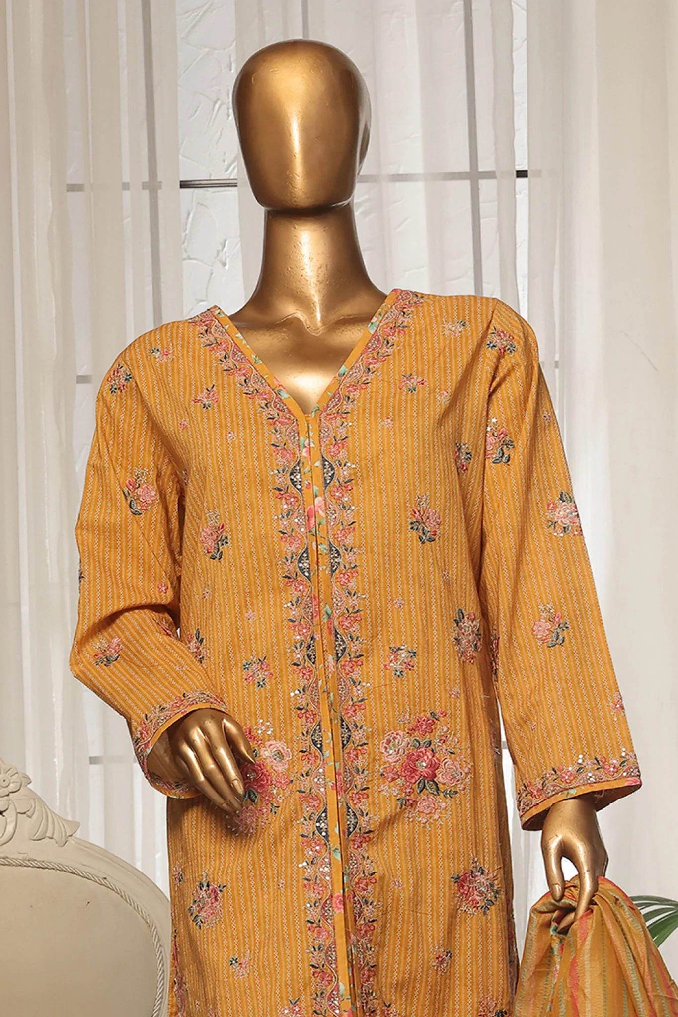 Bin Saeed Stitched 3 Piece Luxury Self and Stripe Vol-02 Suit-SM-1963-Mustard - Image 2