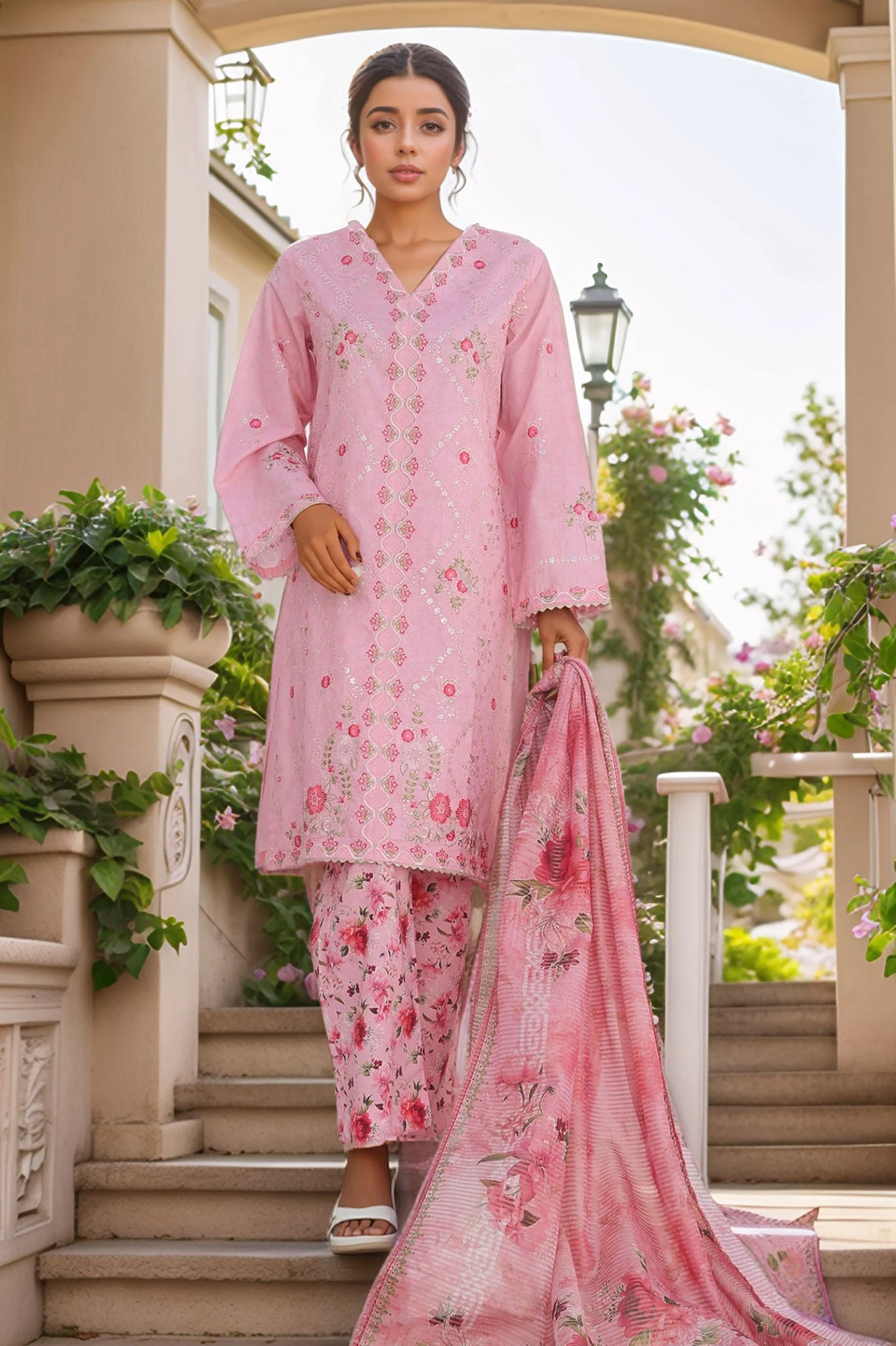 Bin Saeed Stitched 3 Piece Luxury Self and Stripe Vol-02 Suit-SM-1968-Pink