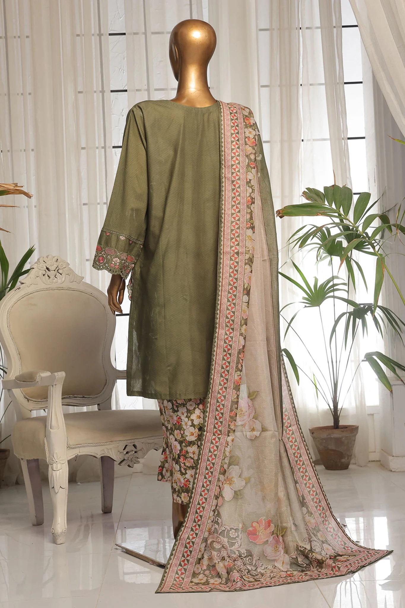 Bin Saeed Stitched 3 Piece Luxury Self and Stripe Vol-02 Suit-SM-1969-Green - Image 3