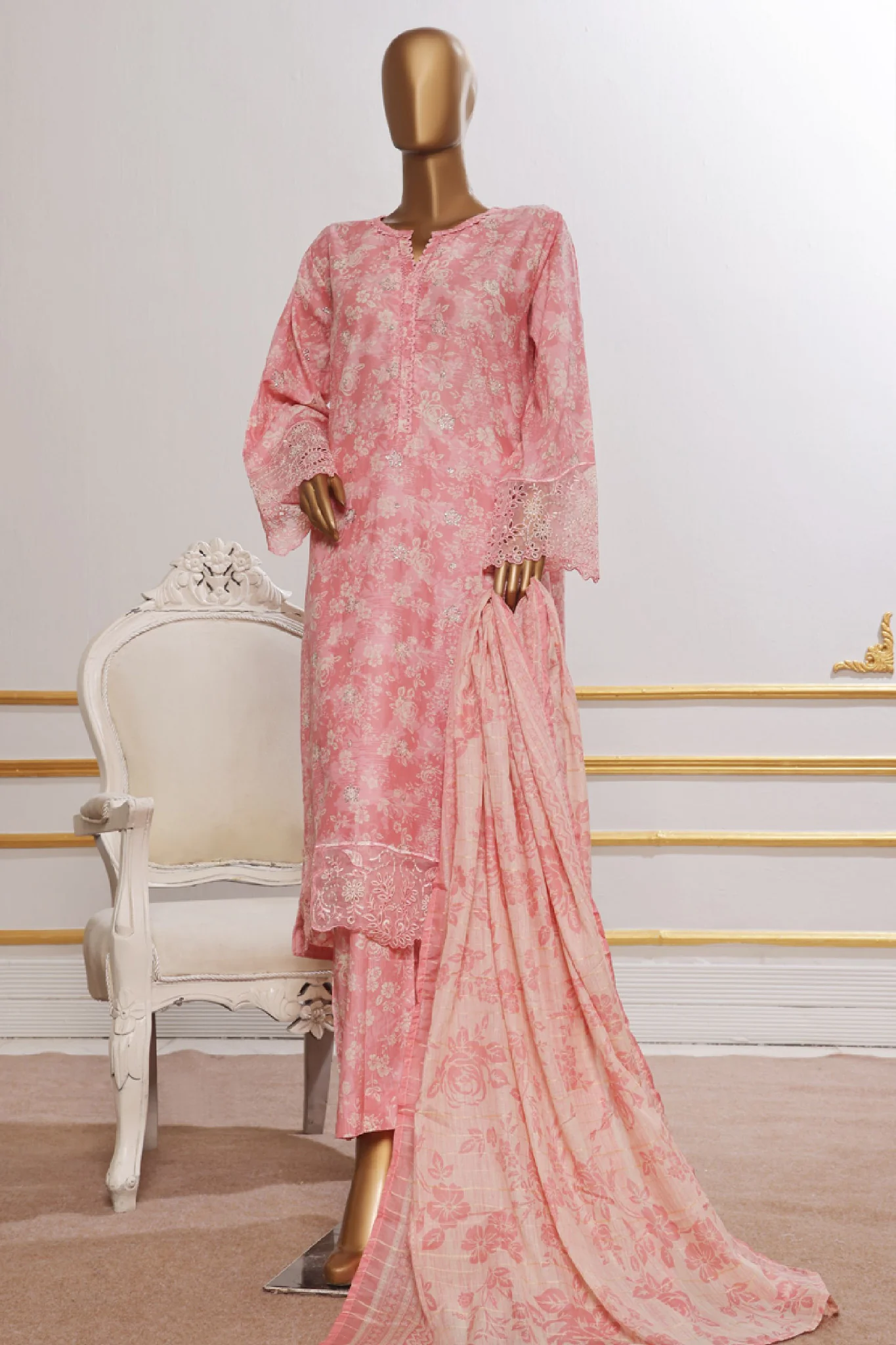 Bin Saeed Stitched 3 Piece Open Front Cutwork Kari Suit-SM-2110-Pink
