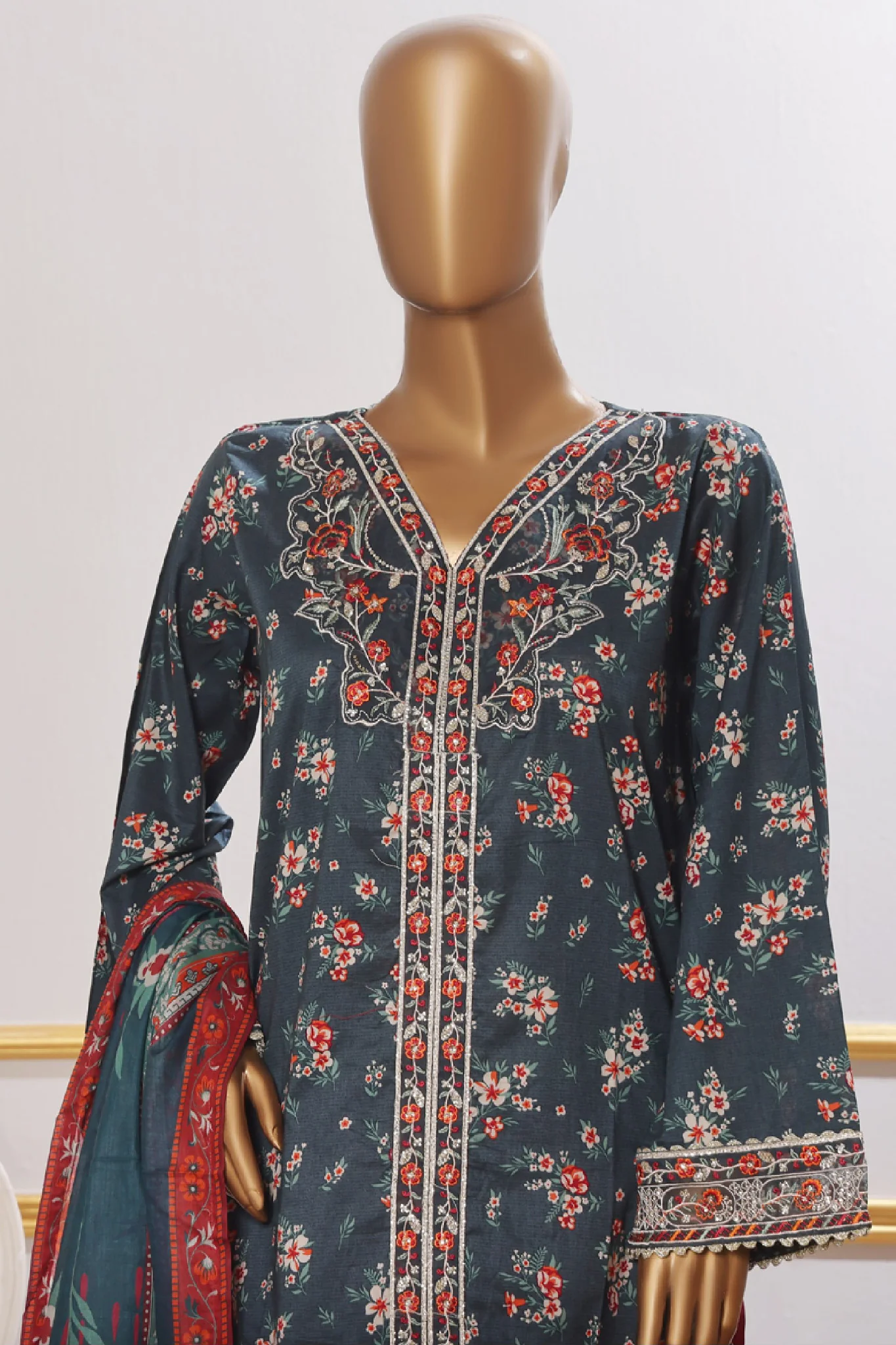 Bin Saeed Stitched 3 Piece Open Front Cutwork Kari Suit-SM-2117-Navy Blue - Image 2