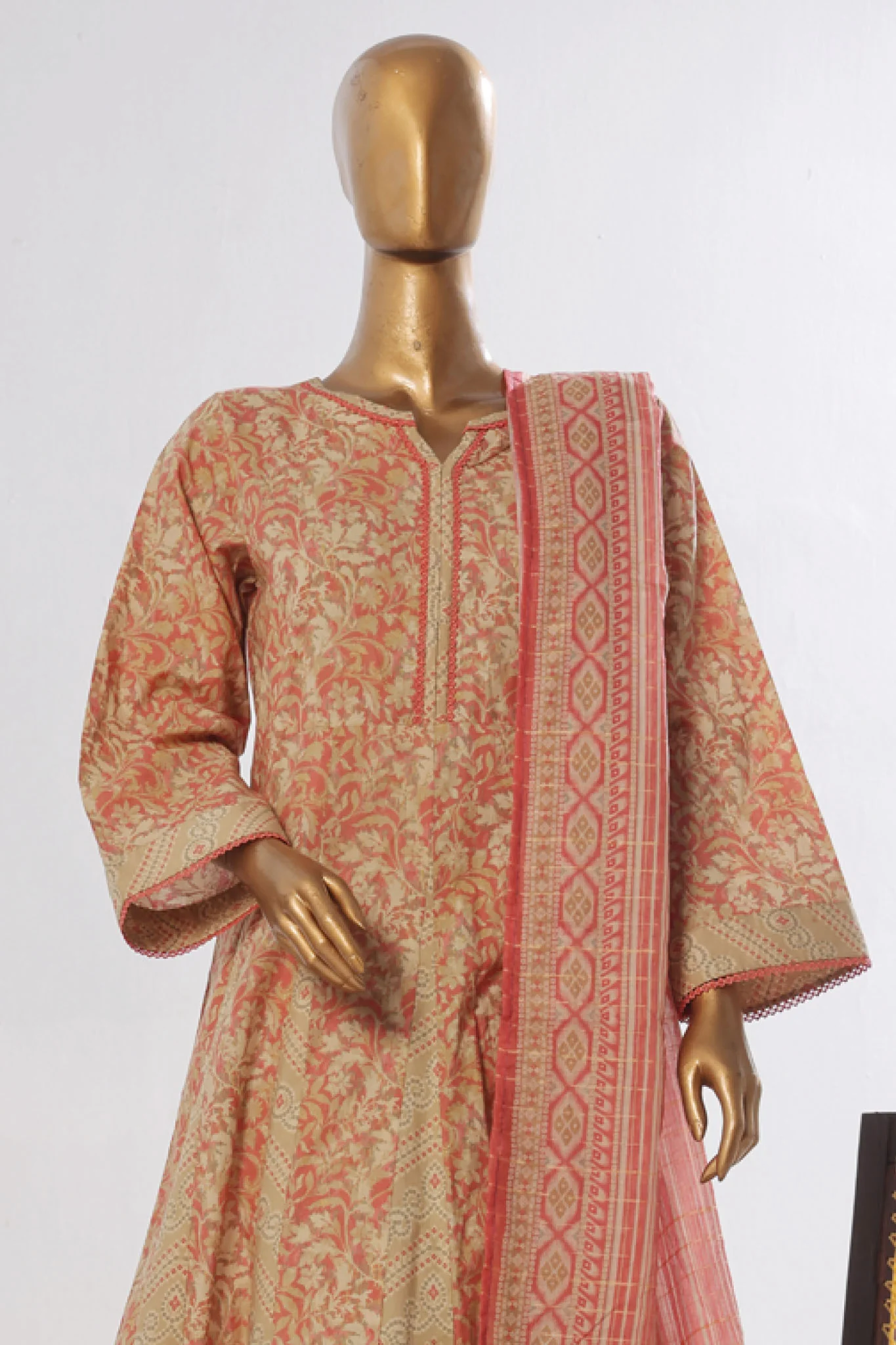 Bin Saeed Stitched 3 Piece Peplum Exclusive Printed Lawn Frock Collection-SM-1746-Beige - Image 2