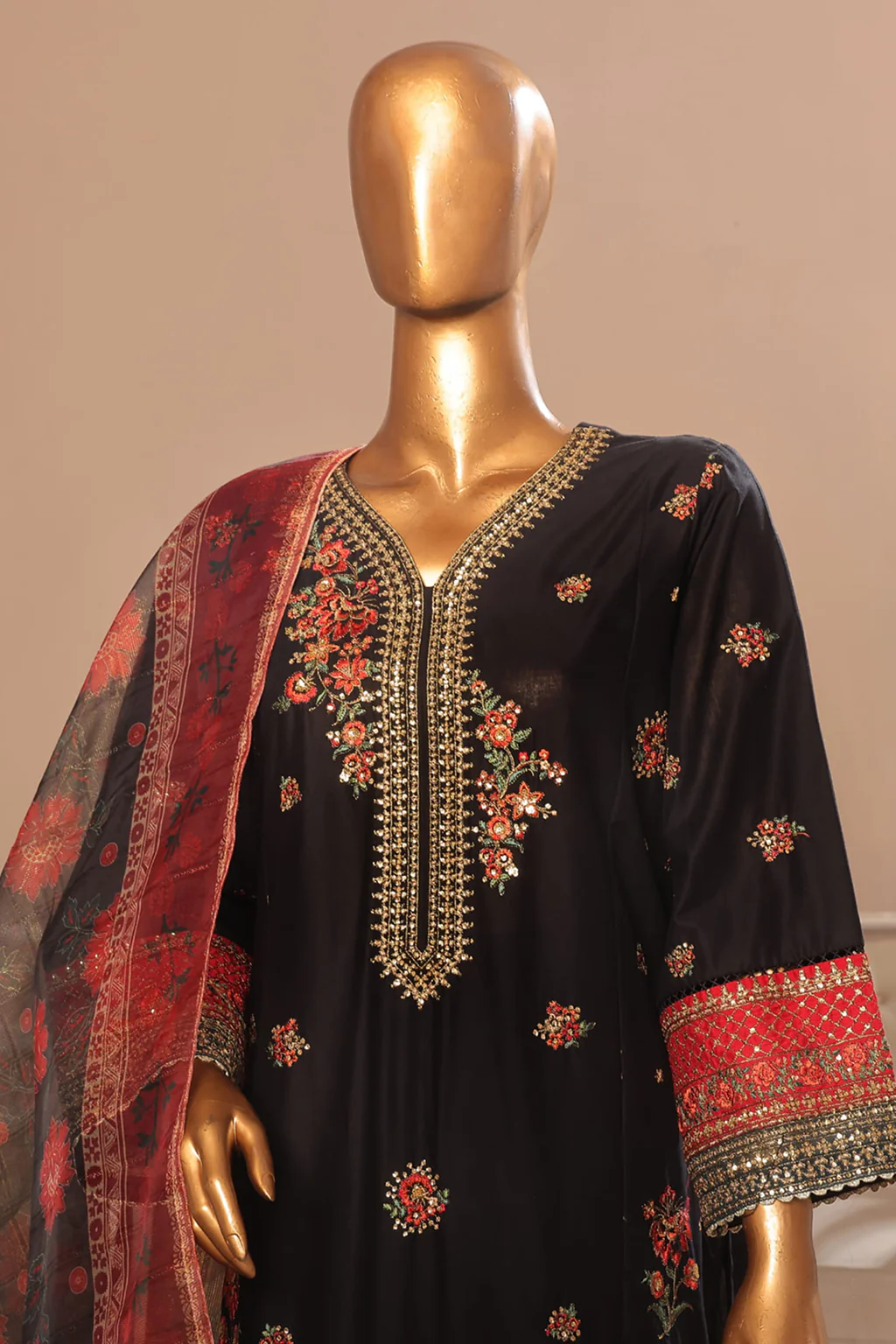 Bin Saeed Stitched 3 Piece Plain Cotton with Emb Trouser Suit-SMPC-1974-Black - Image 2