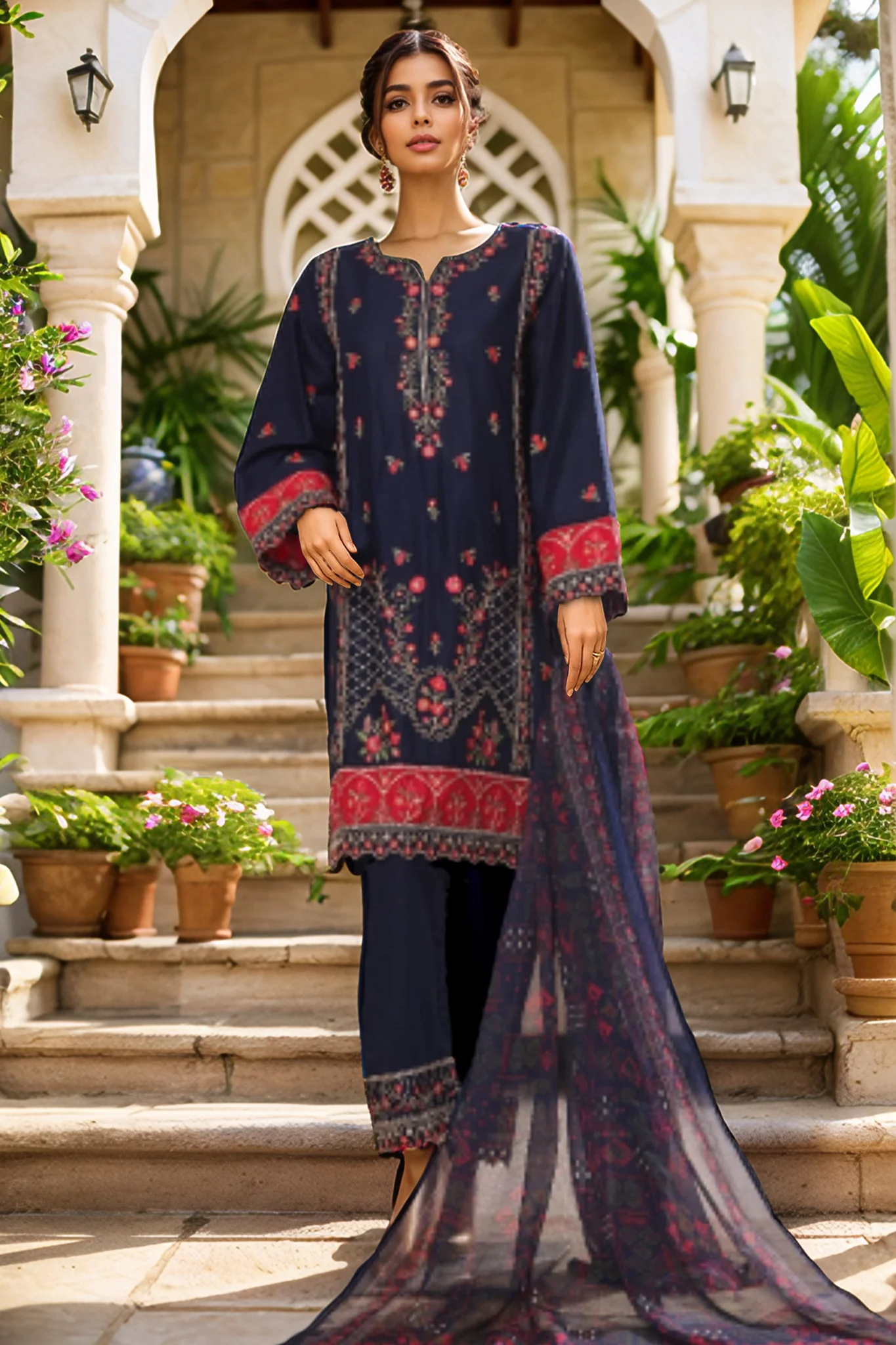 Bin Saeed Stitched 3 Piece Plain Cotton with Emb Trouser Suit-SMPC-1976-Blue