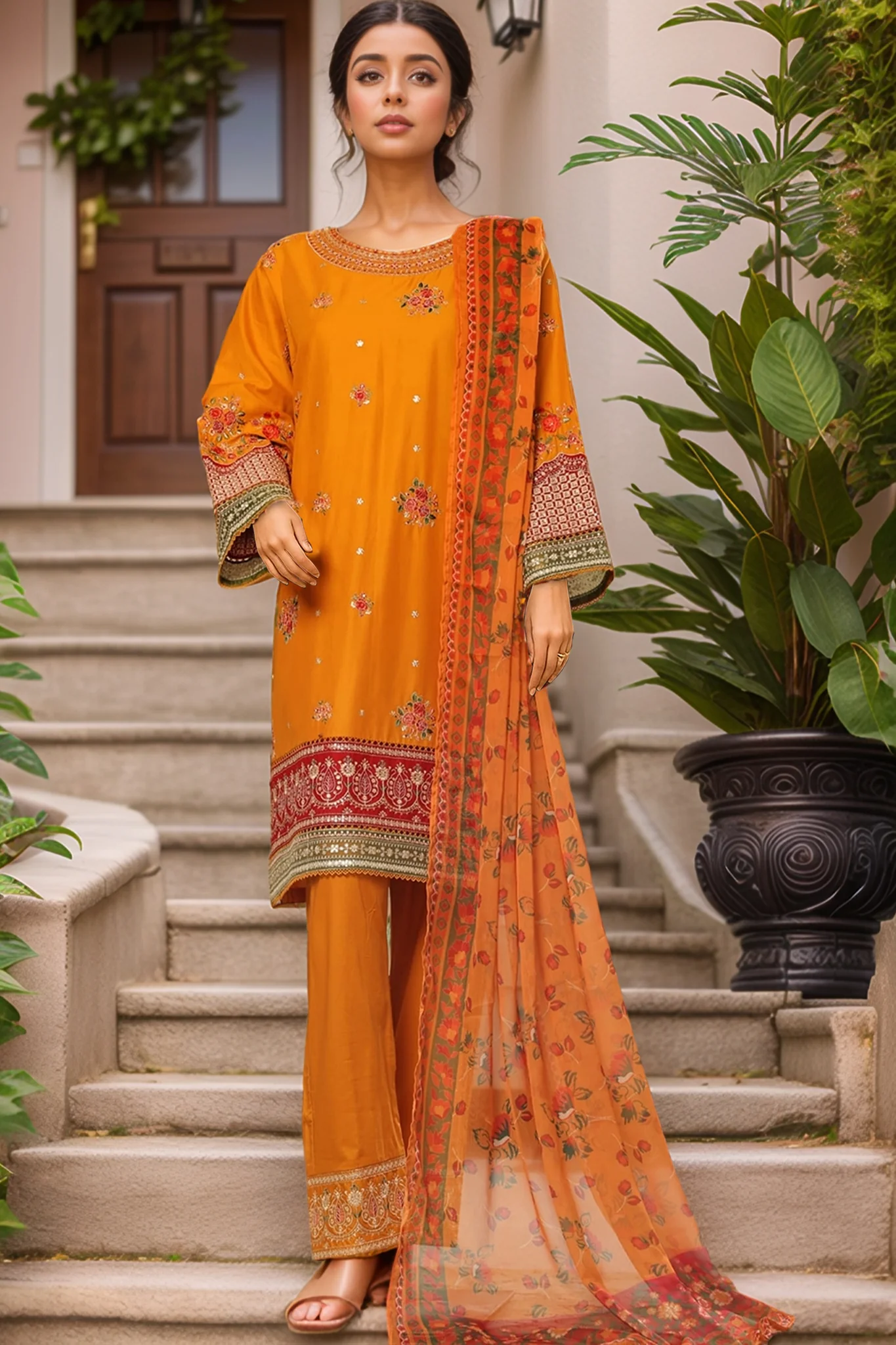 Bin Saeed Stitched 3 Piece Plain Cotton with Emb Trouser Suit-SMPC-1977-Mustard