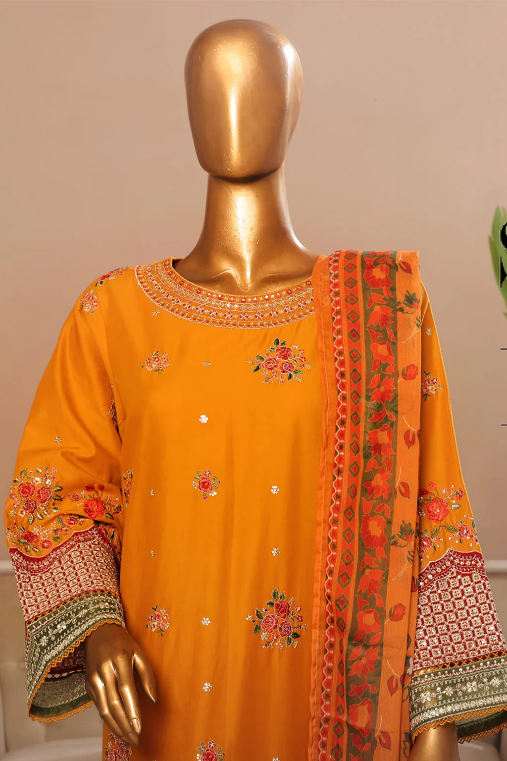 Bin Saeed Stitched 3 Piece Plain Cotton with Emb Trouser Suit-SMPC-1977-Mustard - Image 2