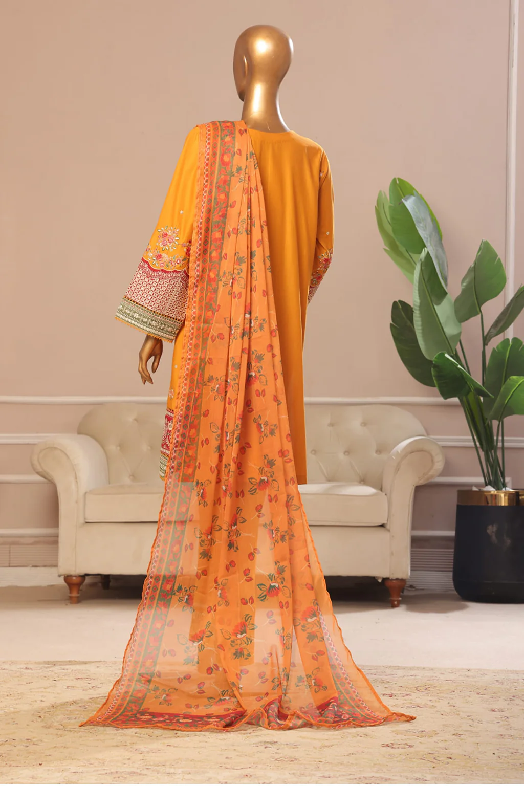Bin Saeed Stitched 3 Piece Plain Cotton with Emb Trouser Suit-SMPC-1977-Mustard - Image 3