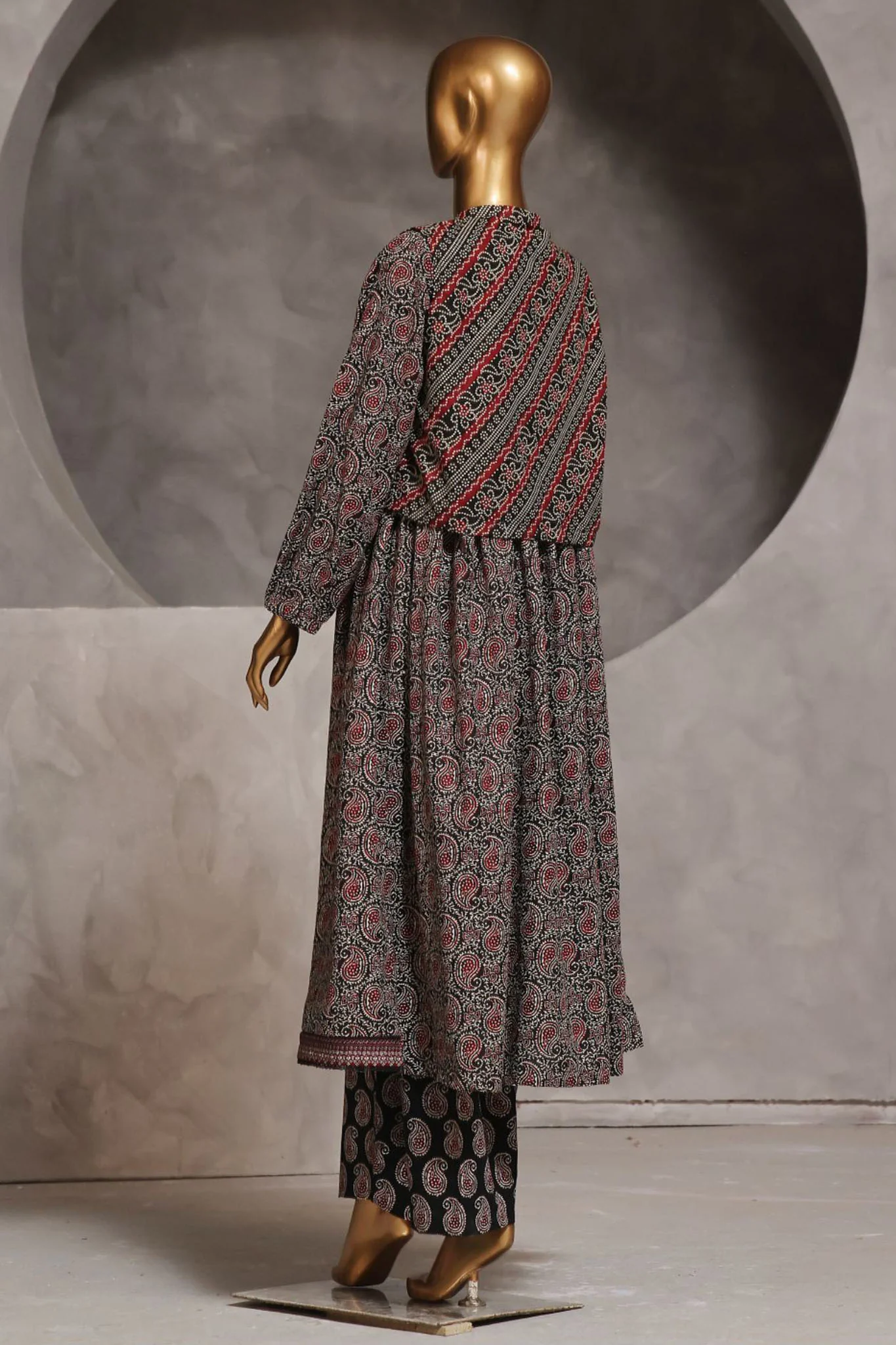 Bin Saeed Stitched 3 Piece Pret Khaddar Frock Suit-WKST-1315-Black - Image 2