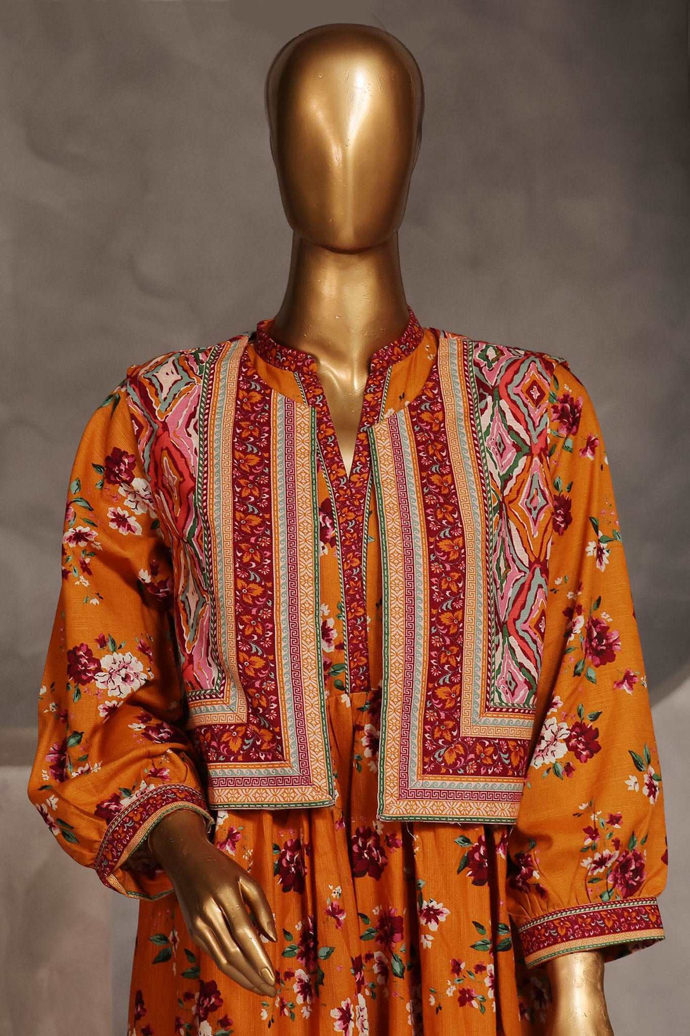 Bin Saeed Stitched 3 Piece Pret Khaddar Frock Suit-WKST-1316-Orange - Image 2