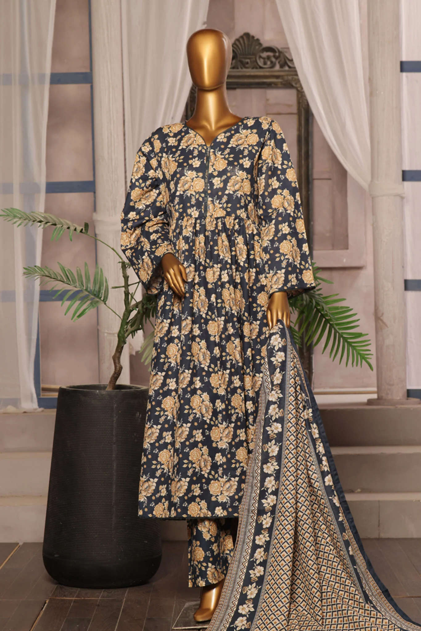 Bin Saeed Stitched 3 Piece Printed Khaddar Frocks Vol-01 Suit-WK-1243-Navy Blue
