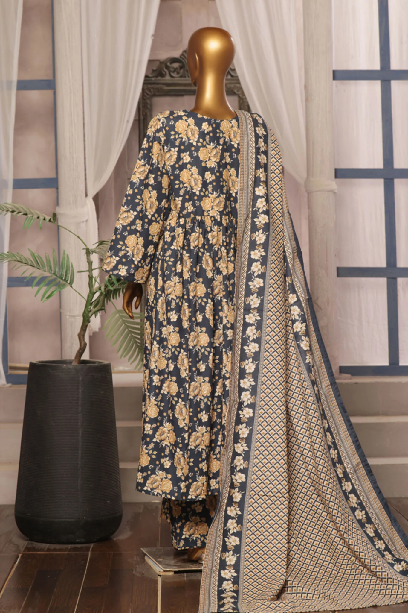 Bin Saeed Stitched 3 Piece Printed Khaddar Frocks Vol-01 Suit-WK-1243-Navy Blue - Image 3