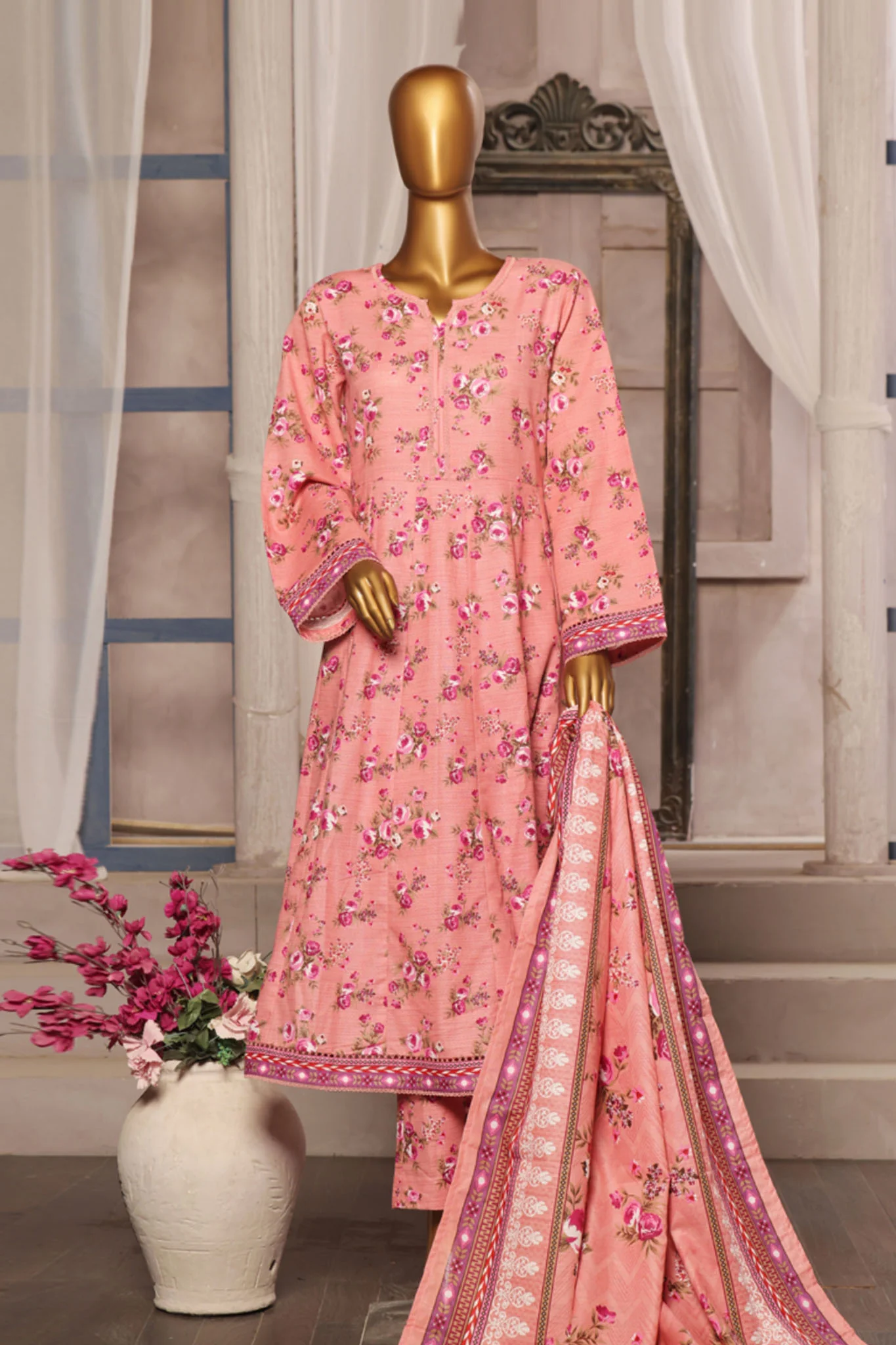 Bin Saeed Stitched 3 Piece Printed Khaddar Frocks Vol-01 Suit-WK-1249-Pink