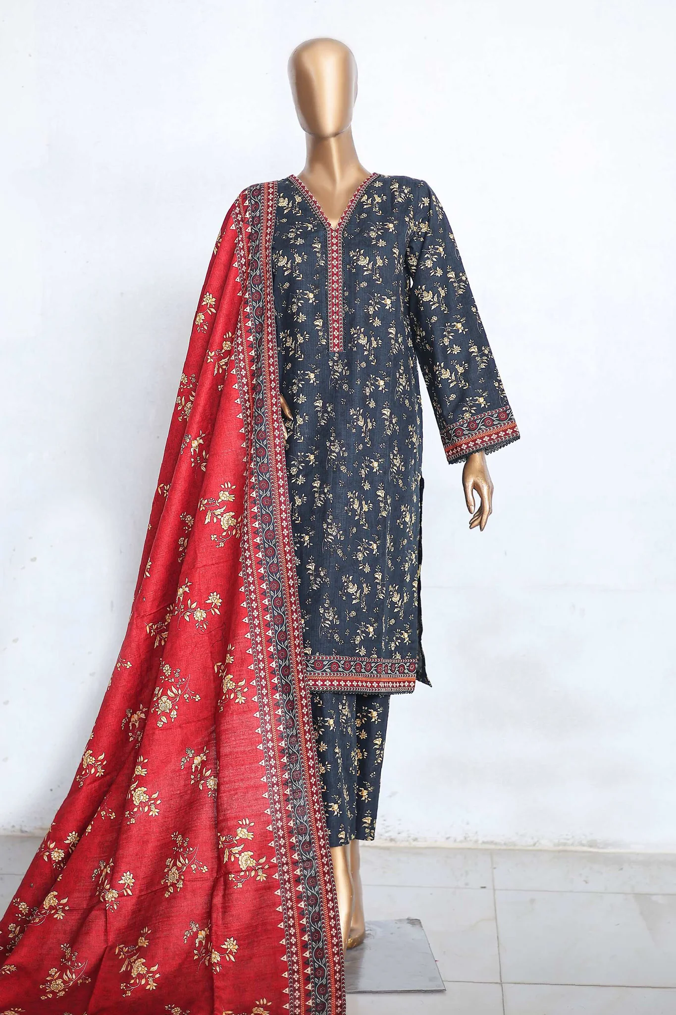 Bin Saeed Stitched 3 Piece Printed Khaddar Winters Suit-WK-1000-Navy Blue