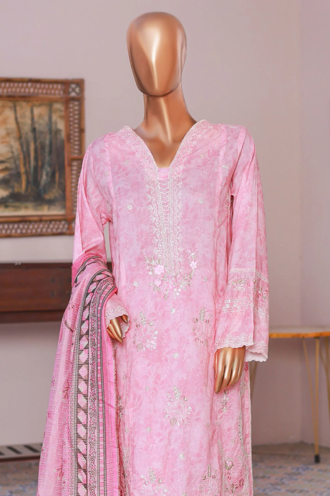 Bin Saeed Stitched 3 Piece Self Stripe Vol-02 Suit-SM-2090-Pink - Image 2