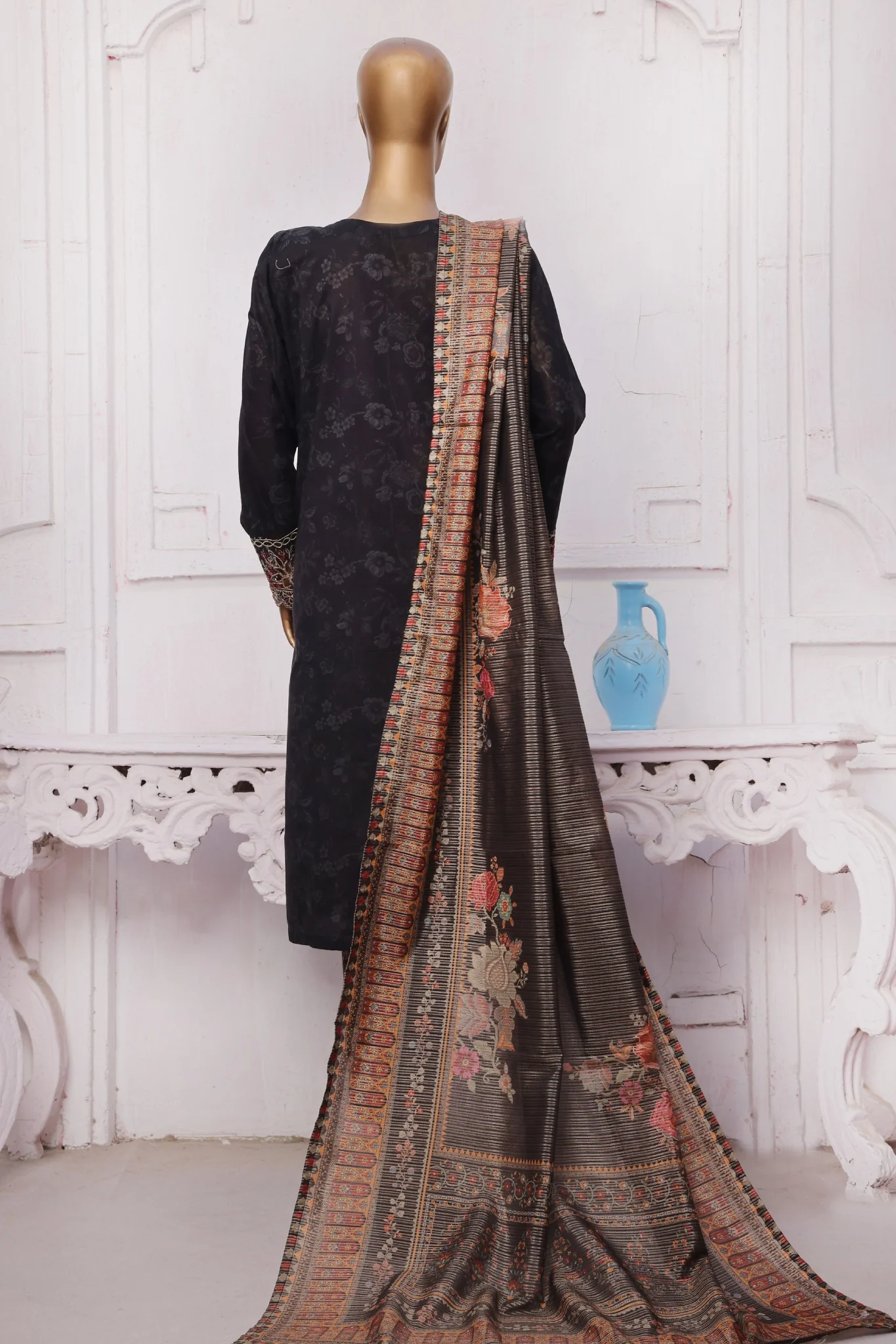 Bin Saeed Stitched 3 Piece Self Stripe Vol-02 Suit-SM-2092-Black - Image 3