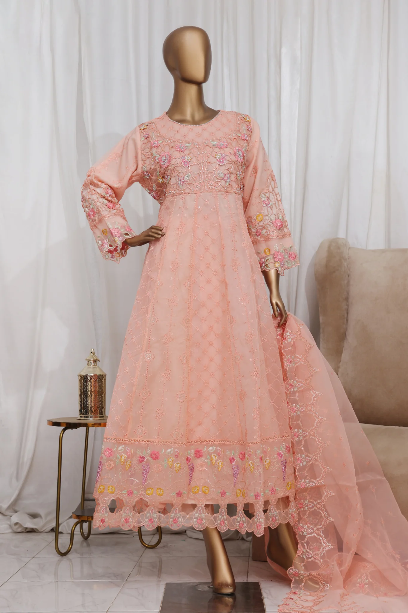 Bin Saeed Stitched 3 Piece Luxury Emb Frock Suit-STS-2299-Peach