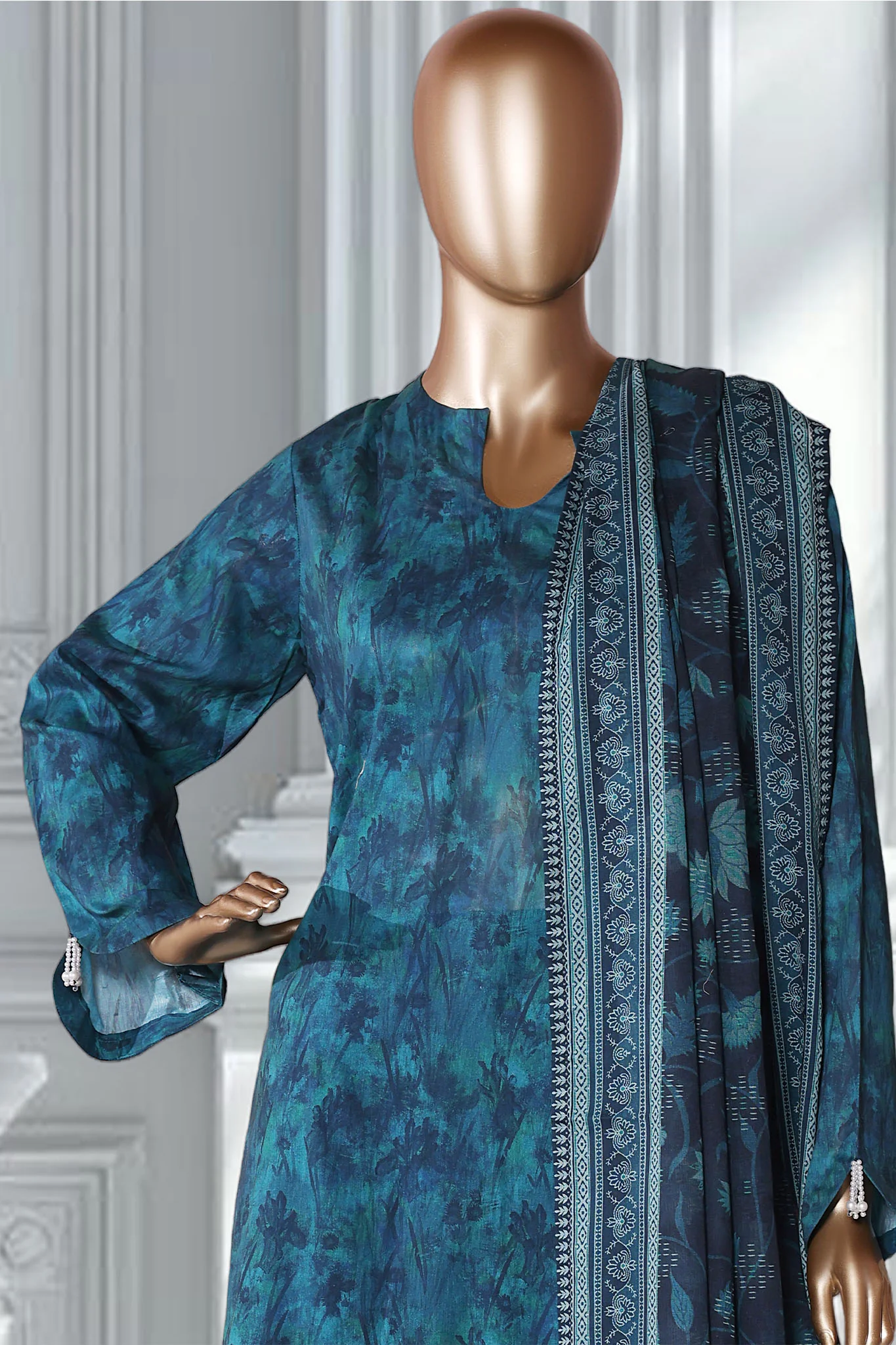 Bin Saeed Stitched 3 Piece Exclusive Printed Lawn Vol-02 Suit-LSM-2747-Blue - Image 2