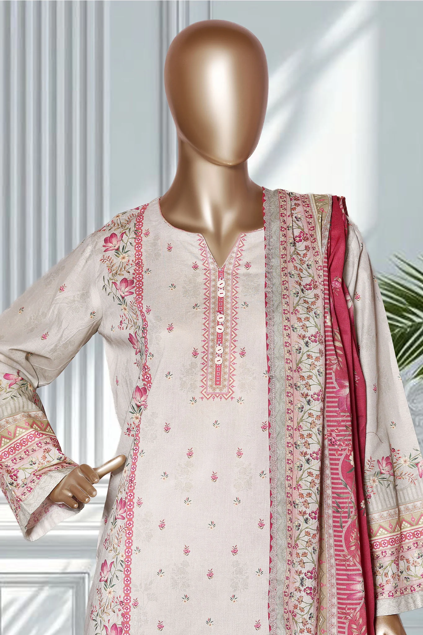 Bin Saeed Stitched 3 Piece Exclusive Printed Lawn Vol-02 Suit-LSM-2754-Skin - Image 2