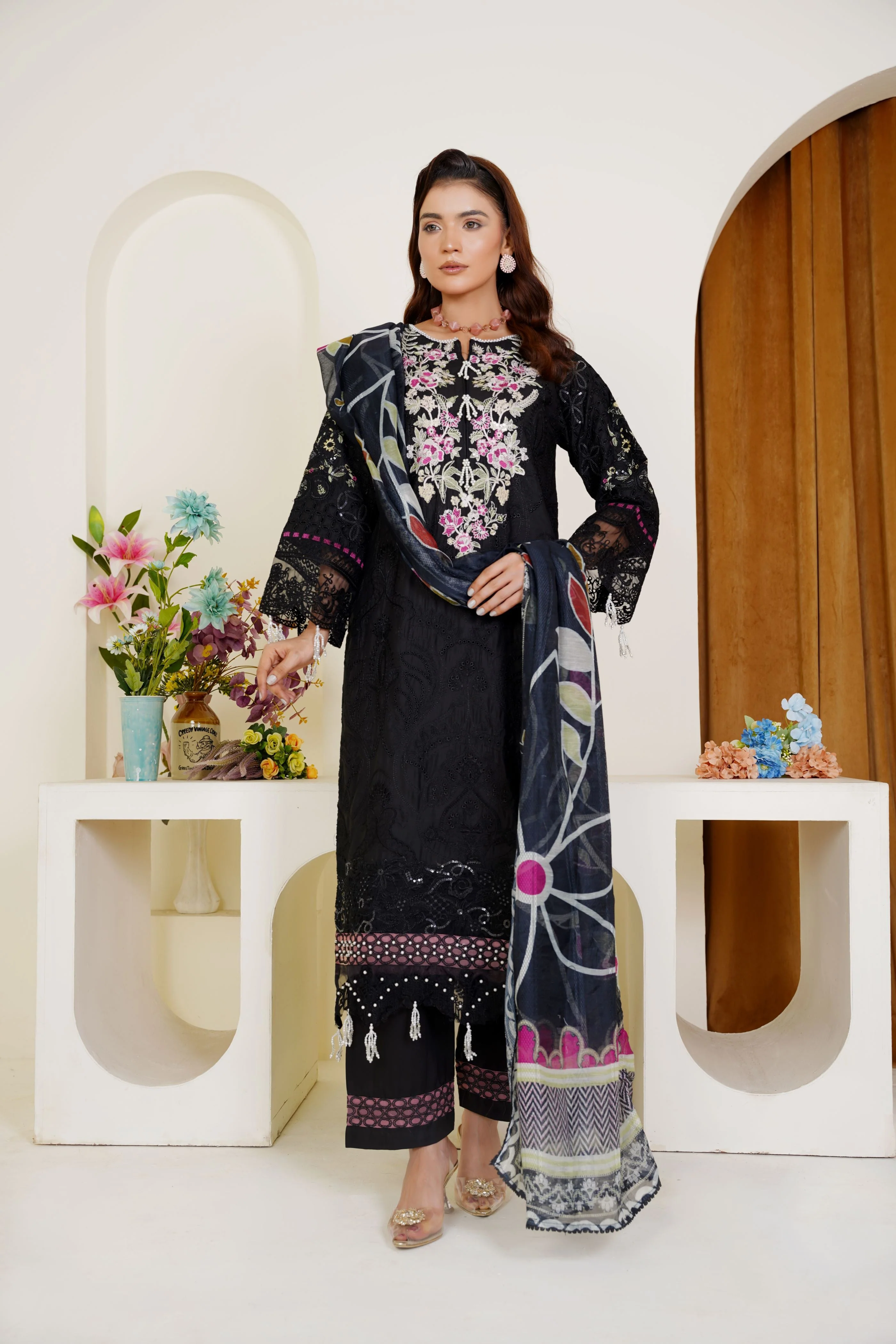 Threads & Weaves Black Embroidered 3-Piece Ready-to-Wear Viscose Suit - Image 2