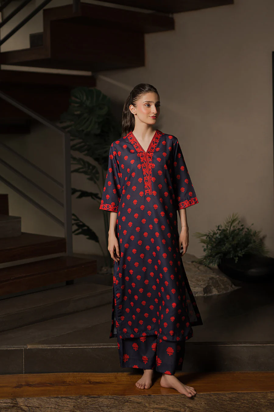 Everywear by Qariney Stitched Suit-Blue and Red Shirt