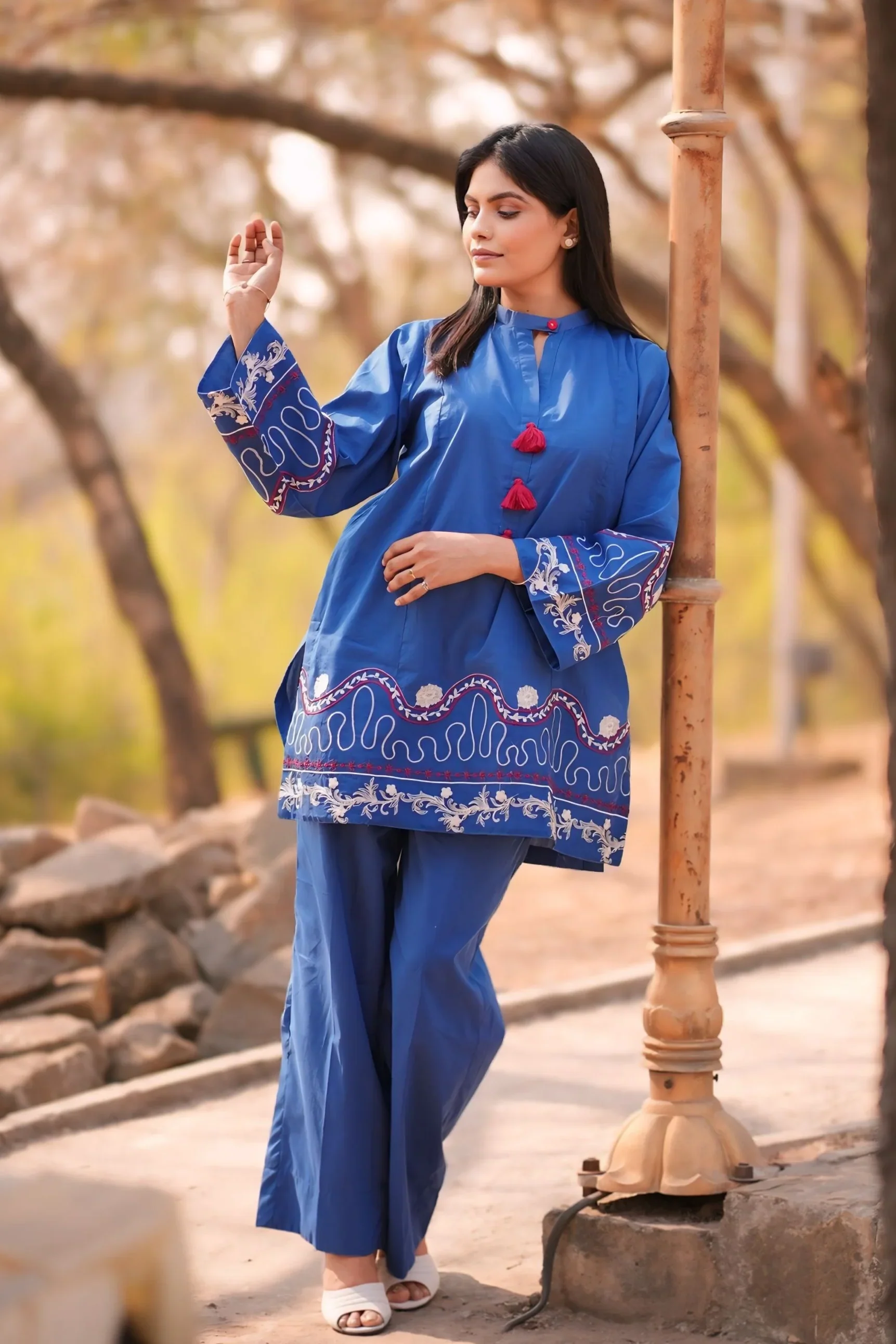 Urban Cut Royal Blue Embroidered Cotton Co-Ord Set