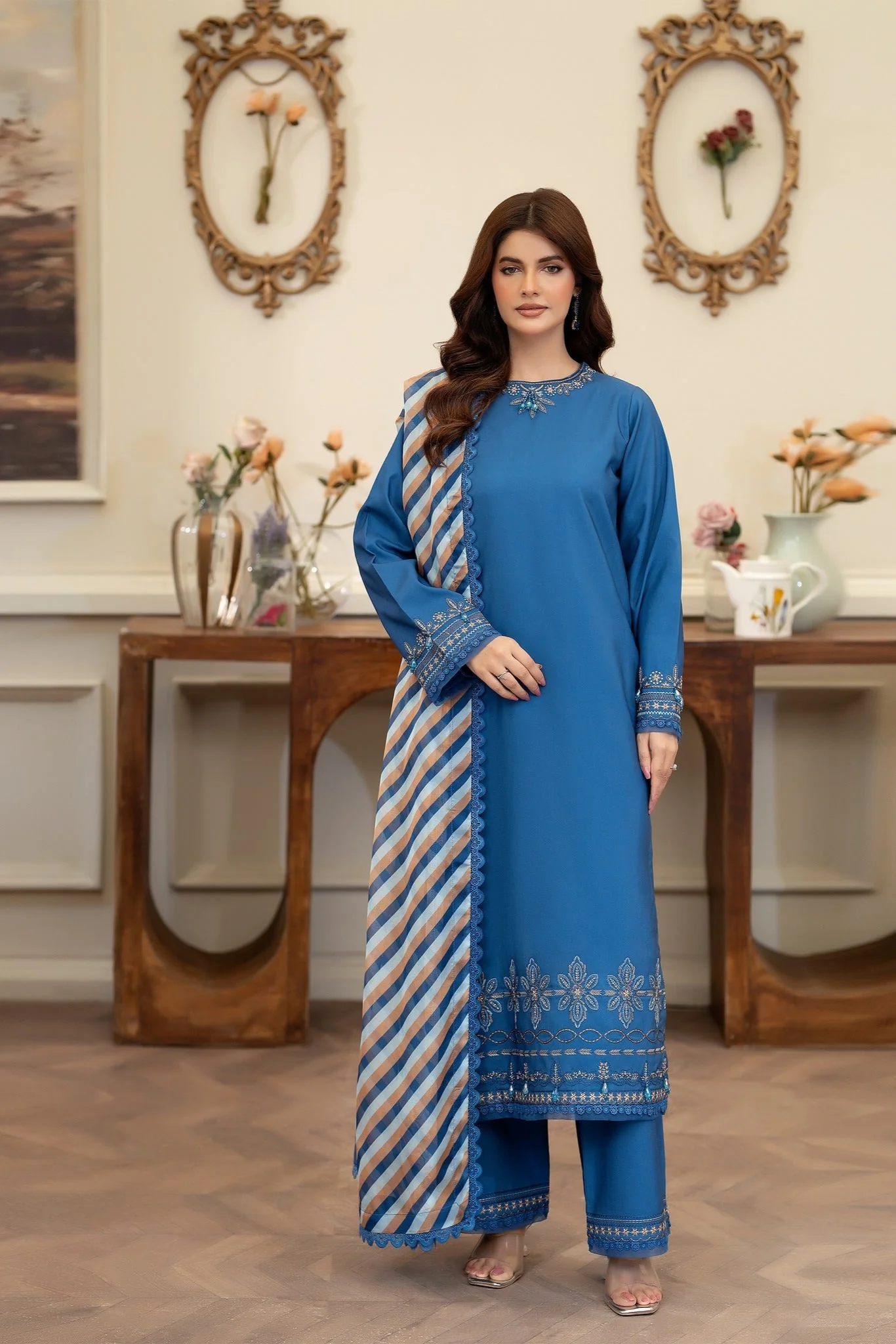 Summer Scent By Nine Needles Stitched 3 Piece Summer Suit-Blue Orchid-NP-08