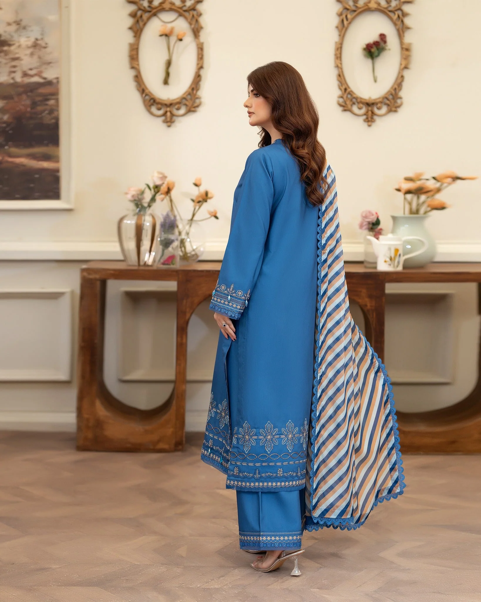 Summer Scent By Nine Needles Stitched 3 Piece Summer Suit-Blue Orchid-NP-08 - Image 5