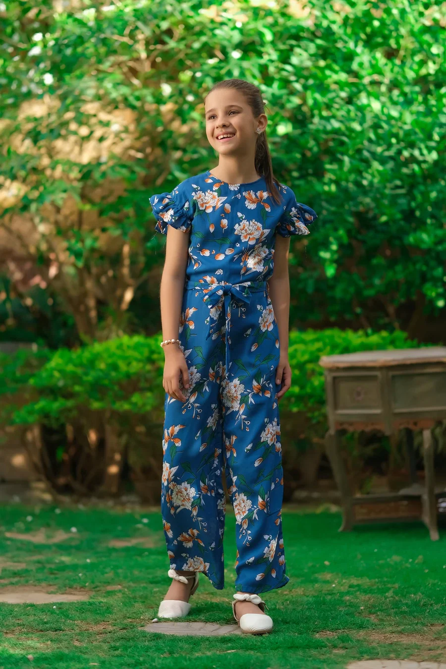 Dhaga Stitched Jumpsuit Summer Suit-Blue White Floral Print Ruffle Jumpsuit - Image 5