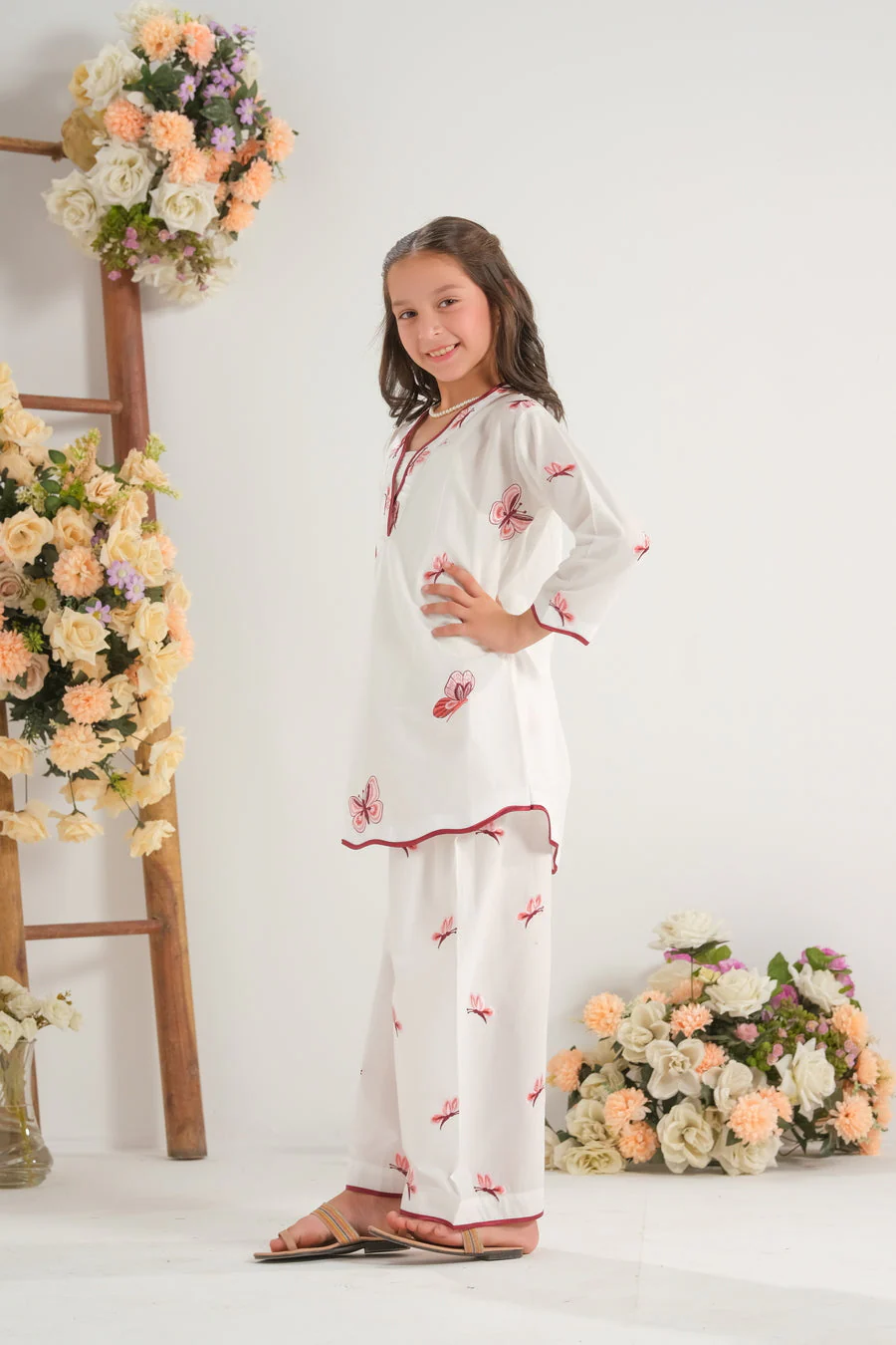 Sprinkles Stitched 2 Piece Summer Co Ord Sets Kids Suit-Blush Bloom White - 2pcs - Embroidered - Image 4