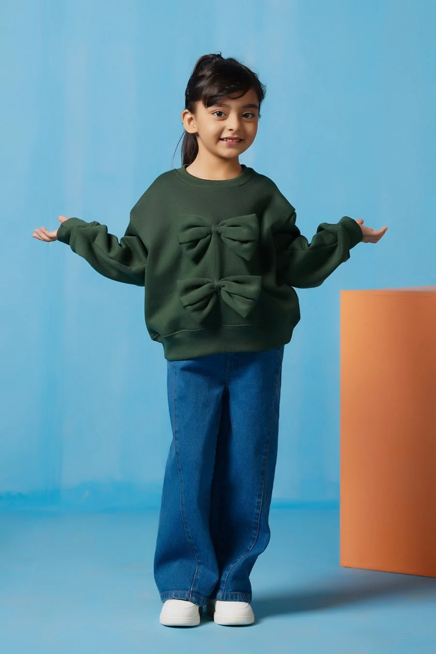 Sprinkles Stitched 1 Piece Winter Shirts Kids Suit-Bow Charm Sweatshirt - Dark Green - Image 4