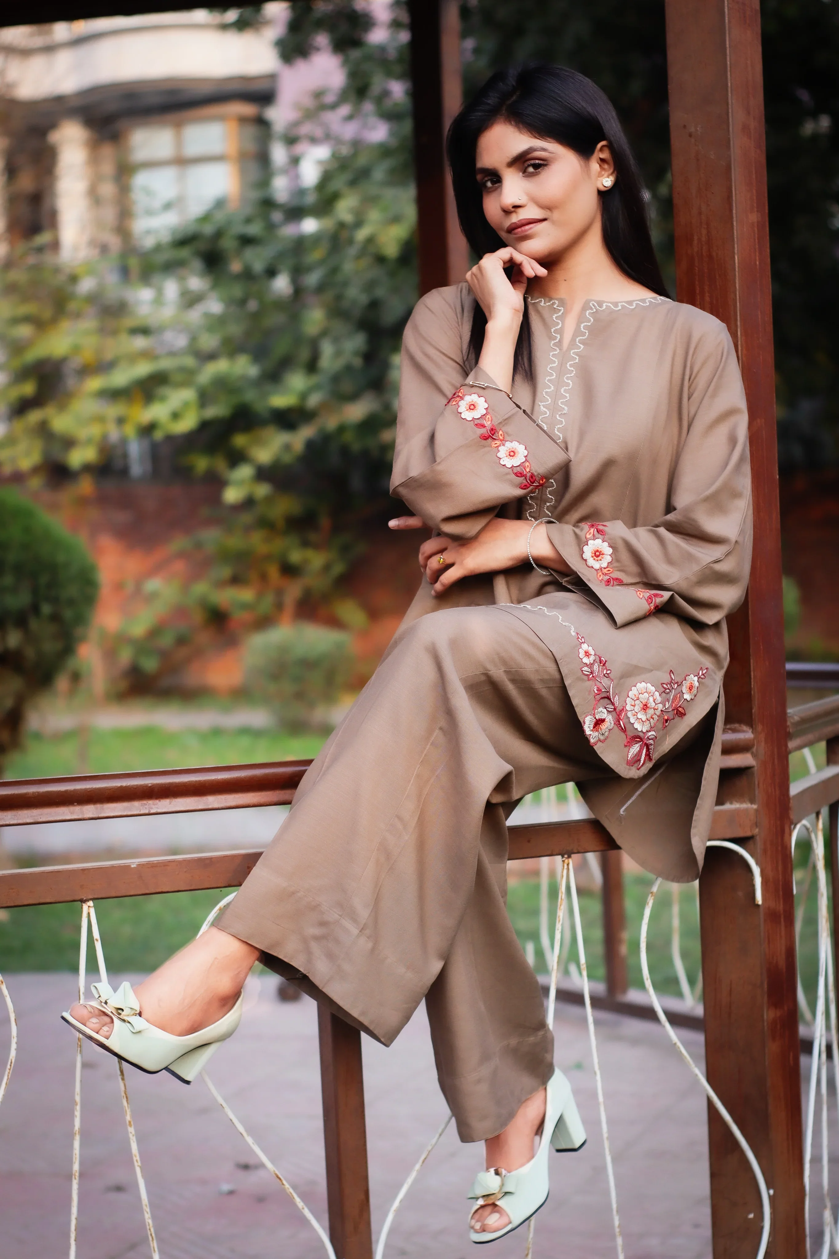 Urban Cut Brown Embroidered Cotton Co-Ord Set - Image 2