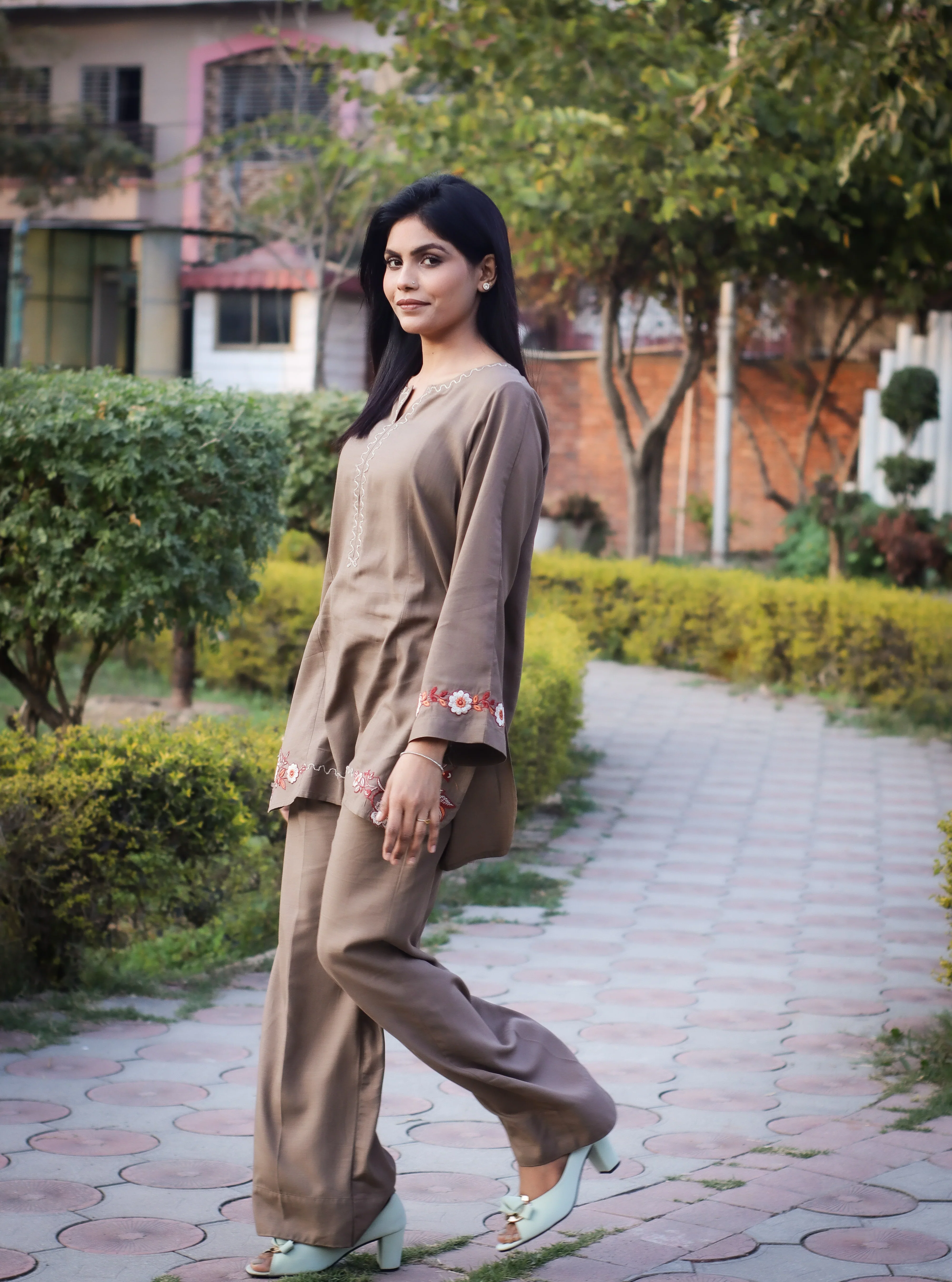 Urban Cut Brown Embroidered Cotton Co-Ord Set - Image 4