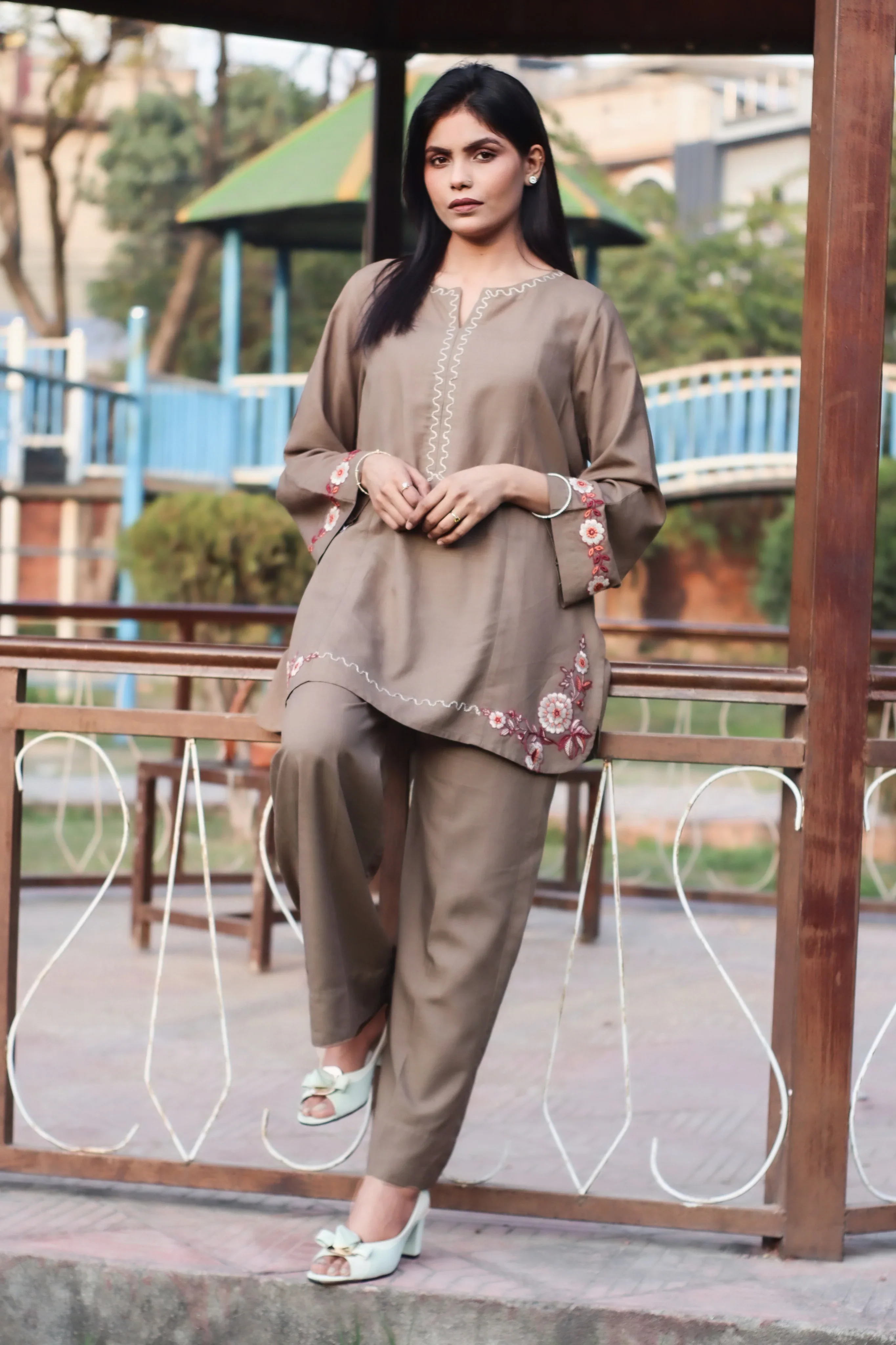 Urban Cut Brown Embroidered Cotton Co-Ord Set - Image 7
